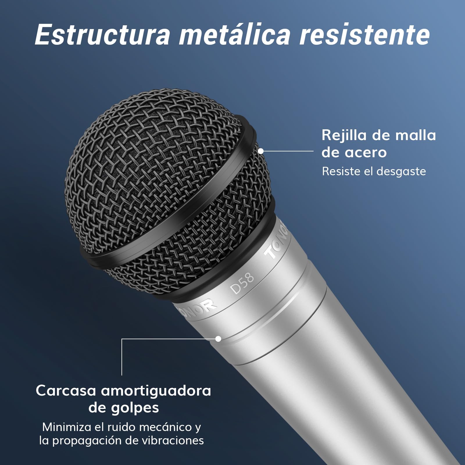 TONOR Micrófono Vocal dinámico cardioide, Cable, Filtro Pop Integral y Rejilla esférica, reducción de Ruido, Salida XLR de 6.35 mm, Ideal para Canto, escenarios y grabaciones, Modelo D58, Plateado