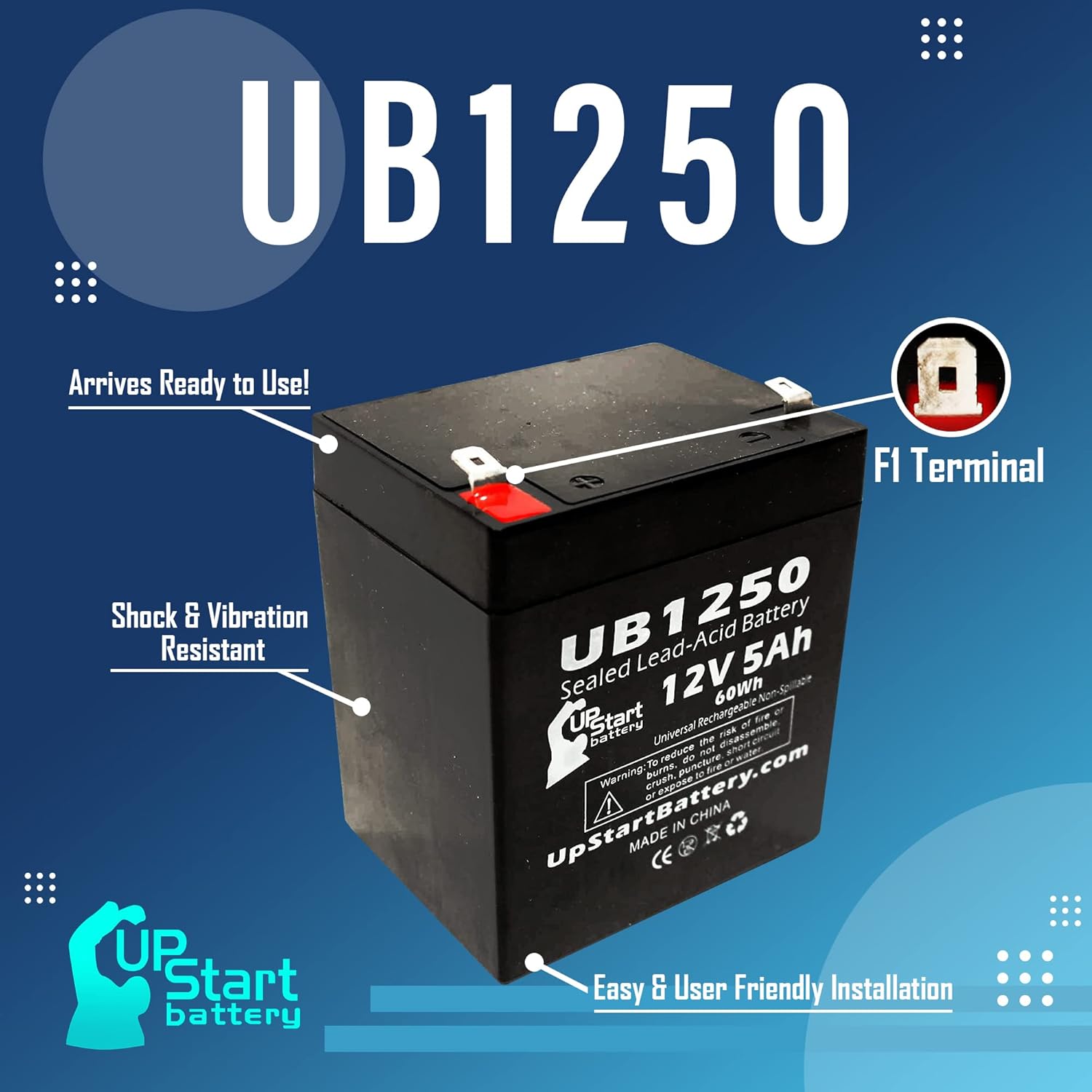Replacement for ADT Security Alarm Safewatch Pro 3000 Battery - Replacement UB1250 Universal Sealed Lead Acid Battery (12V, 5Ah, 5000mAh, F1 Terminal, AGM,SLA) - Includes TWO F1 to F2 Terminal Adapter