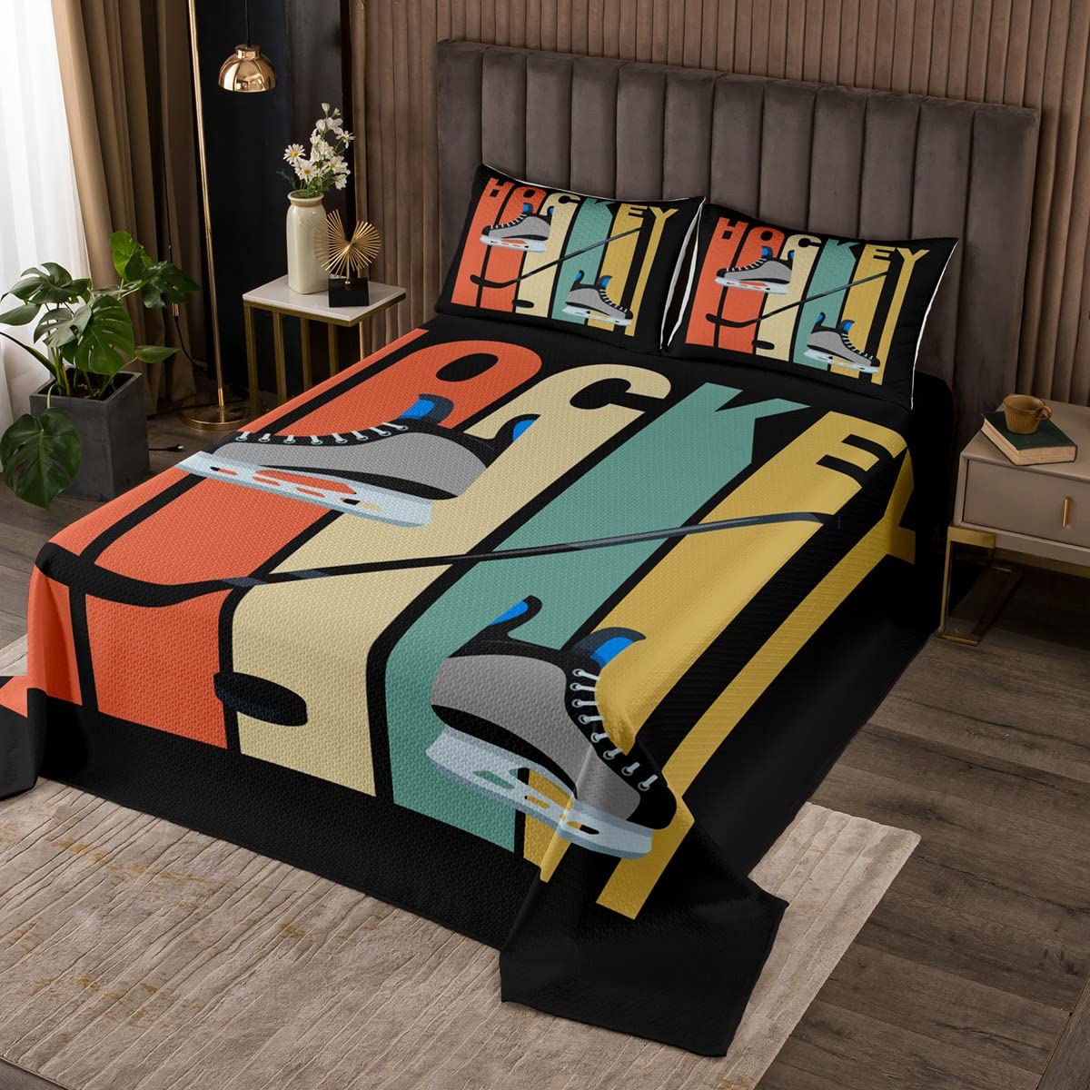 Ice Hockey Skates Coverlet Set Chic Colorful Stripes Print Quilted Coverlet Competitive Games Sports Comforter Set Bedspreads Quilt Set for Children Kids Coverlet Set,Twin Size 2 Pcs