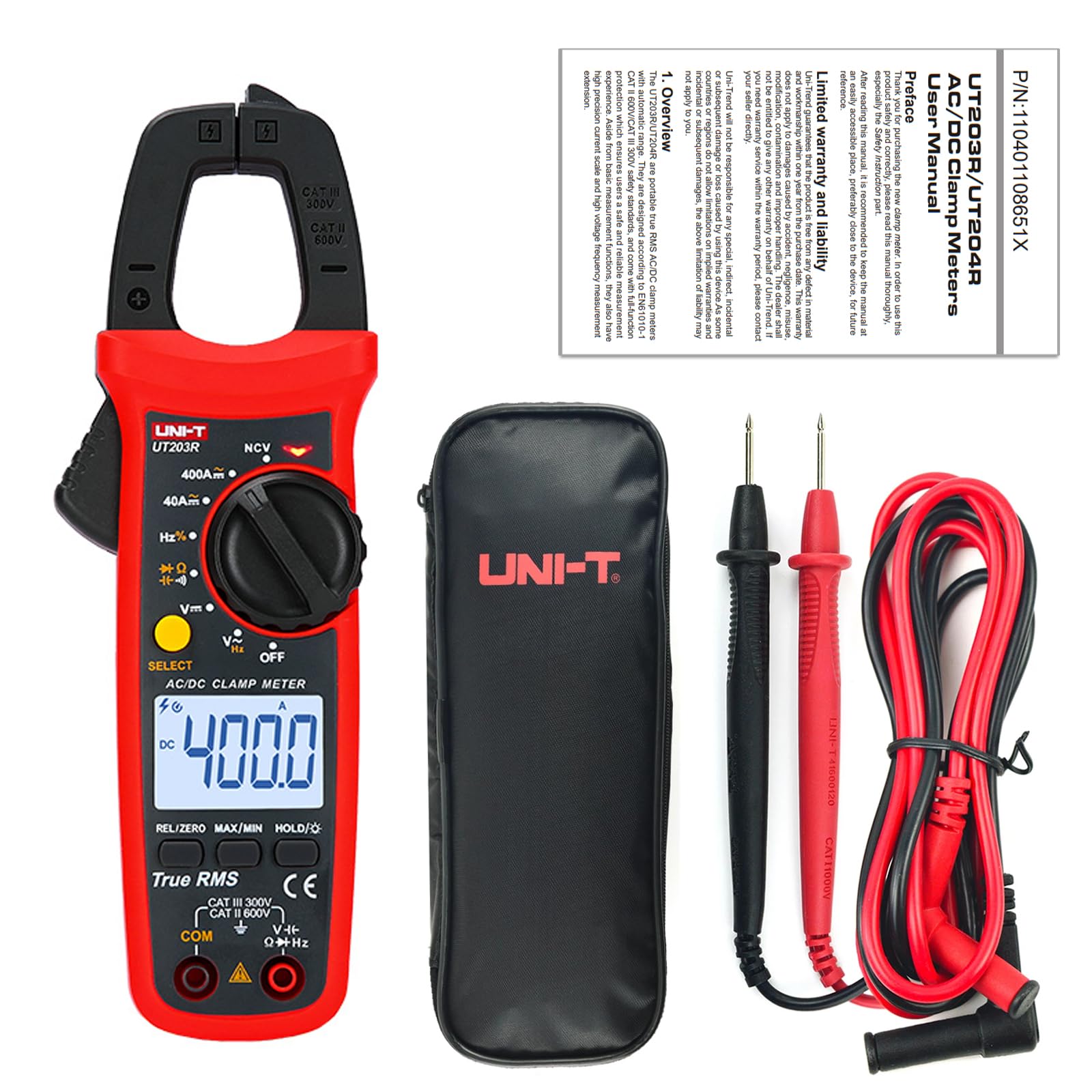 UNI-T UT203R Medidor de pinza digital Corriente CA/CC Rango automático Valores eficaces verdaderos Multímetro de retroiluminación máx./mín