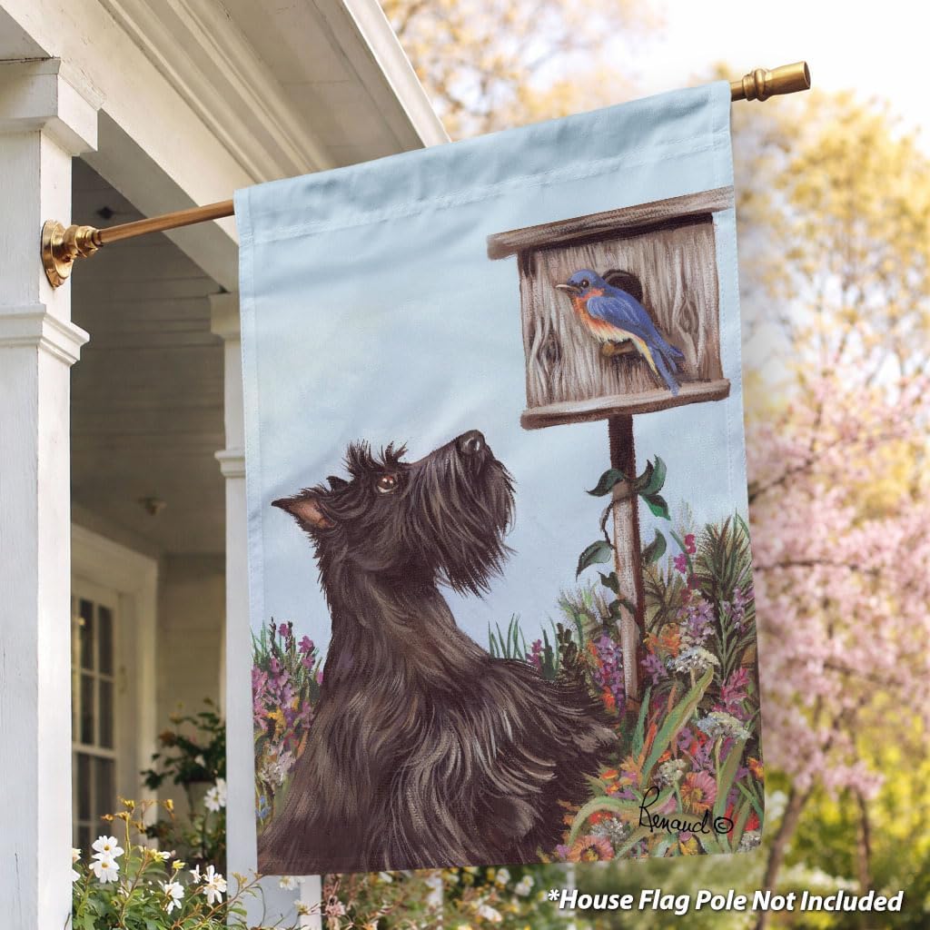 Flagology.com, Scottish Terrier Bluebird Spring House Flag 28" x 40", Outdoor Flag, Exclusive Premium Fabric, Precious Pets Paintings, Dog, Scottie