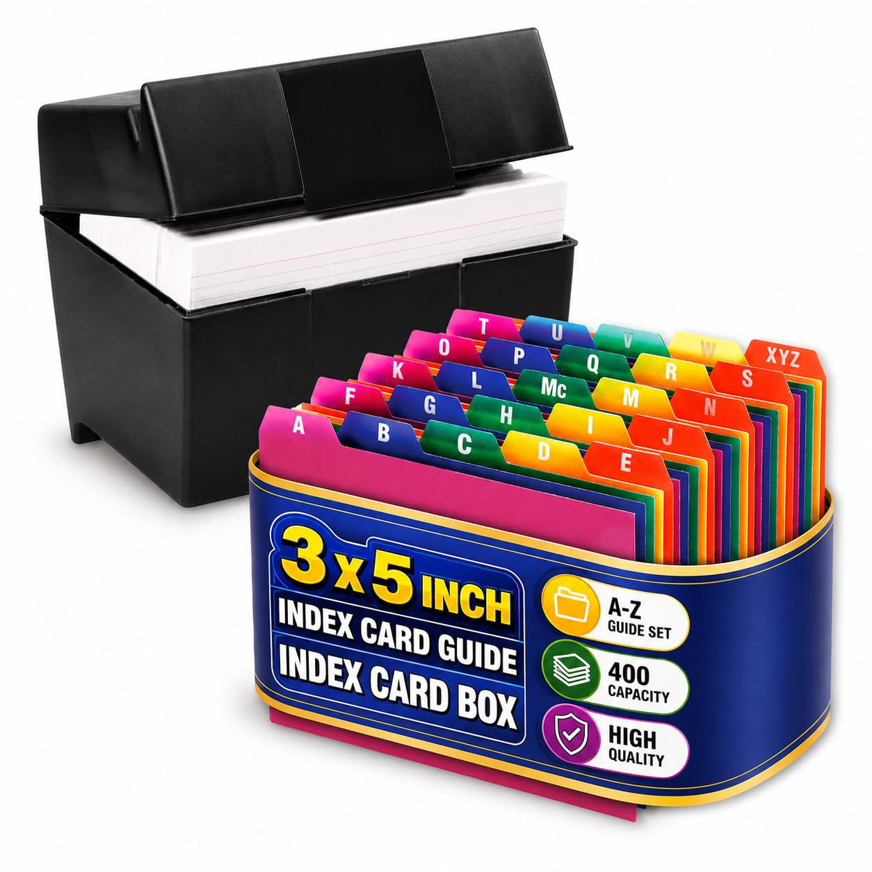 1InTheOffice Pudełko na karty indeksowe 7,6 x 12,7 cm, uchwyt na karty indeksowe 3 x 5, pojemność 400 i zestaw przewodników po kartach indeksowych, A-Z, zakładka 1/5,