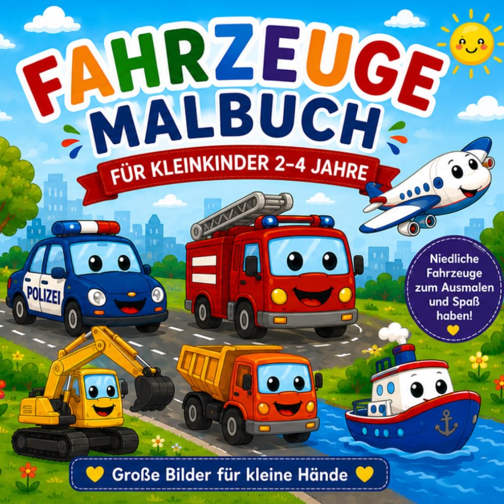 Fahrzeuge Malbuch für Kleinkinder 2–4 Jahre: Niedliche und einfache Fahrzeuge zum Ausmalen