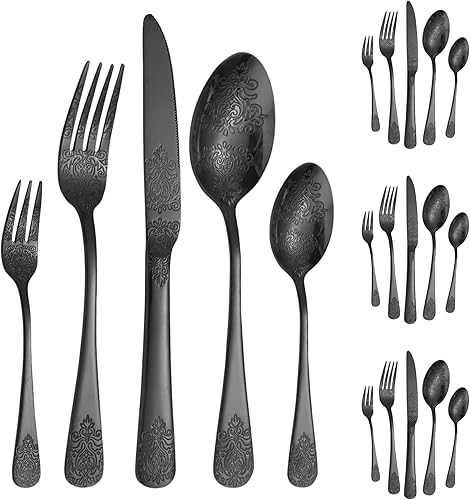 Vilihkc Juego de cubiertos de diseño único con patrón grabado, juego de cubiertos de acero inoxidable de 20 piezas, juego de utensilios de cocina Vilihkc Juego de cubiertos de diseño único con patrón grabado, juego de cubiertos de acero inoxidable de 20 piezas, juego de utensilios de cocina