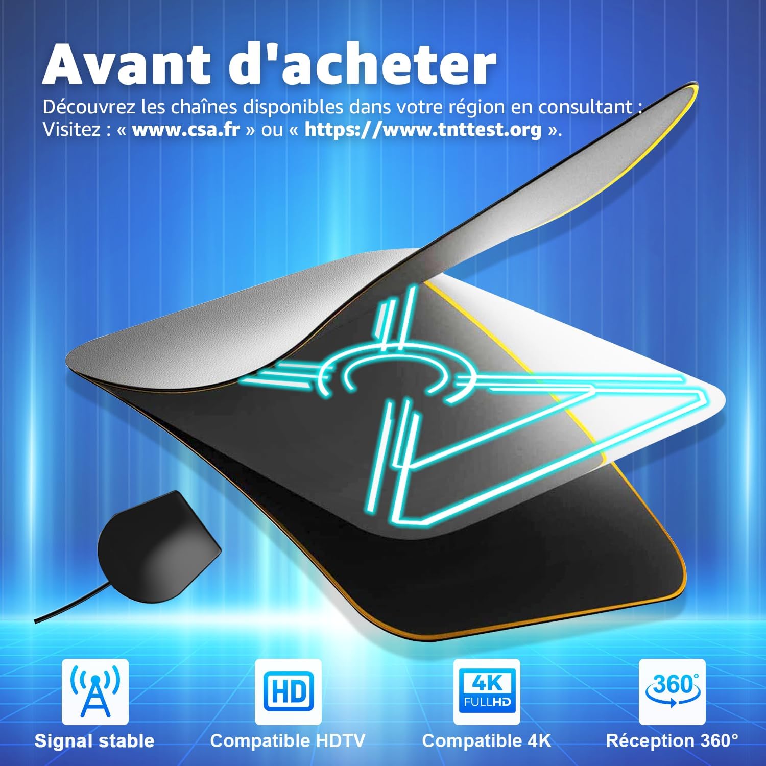 Antenne TV Intérieure HD 2026 – Réception TNT Ultra-Stable, Installation Facile, Compatible Smart TV & TV HD, Amplifiée pour Chaînes Locales et Nationales, Ultra-Fine & Design Moderne