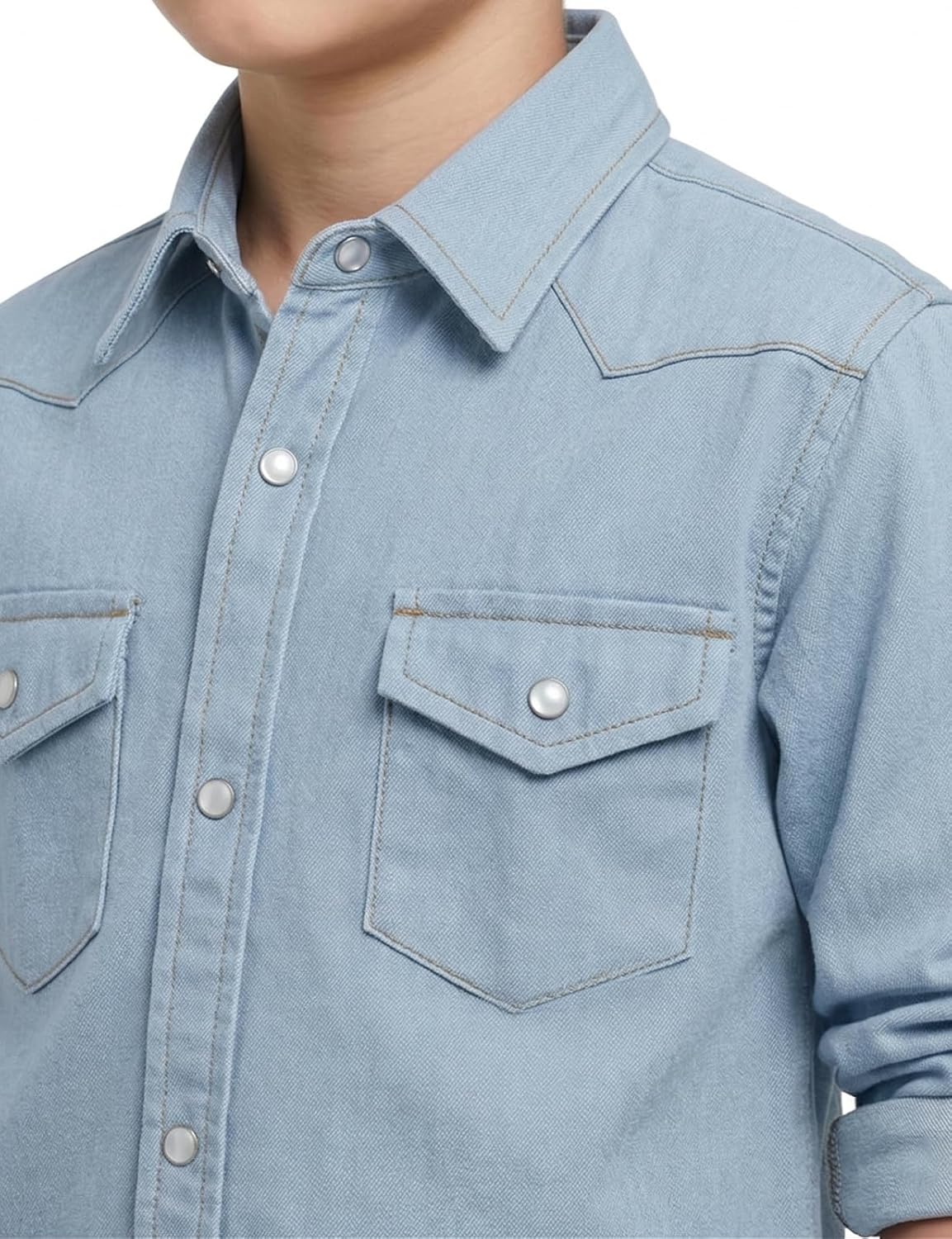 Spring&Gege Western Boys Denim Button Down Shirt Long Sleeve Pearl Snap with Two Flap Pockets (5-14 Years)