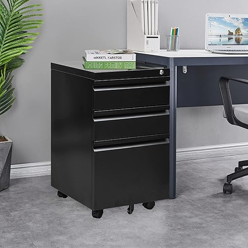 Miniatura 2 de Yiguo - Archivador móvil de 3 cajones con cerradura, archivador de oficina con ruedas debajo del escritorio, archivador de metal con ruedas para