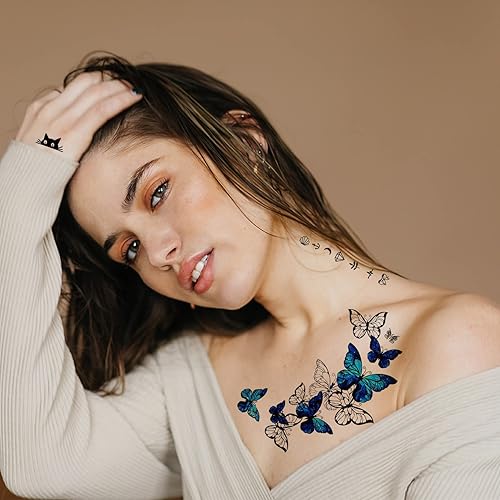 Miniatura 2 de Casciybo Tatuajes temporales de mariposa para mujeres y niñas, 13 hojas de flores falsas coloridas mariposas, alas de maquillaje, tatuajes,