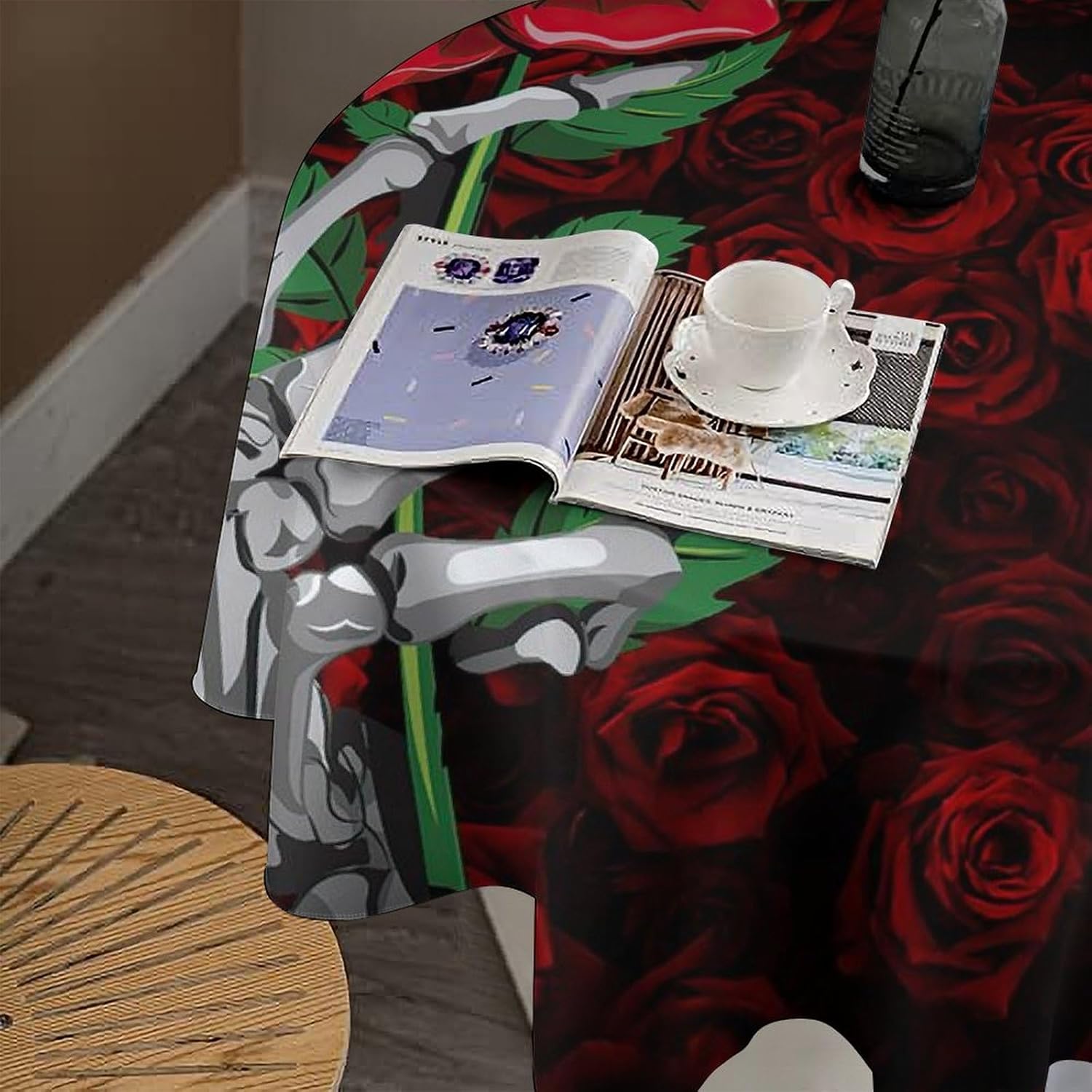 Rose Flower Round Tablecloth, Skeleton Hand Floral Leaves Window Curtains, Halloween Horror Print Tablecloth for Home Party Dining Room Kitchen Decor 50Inch(127cm)