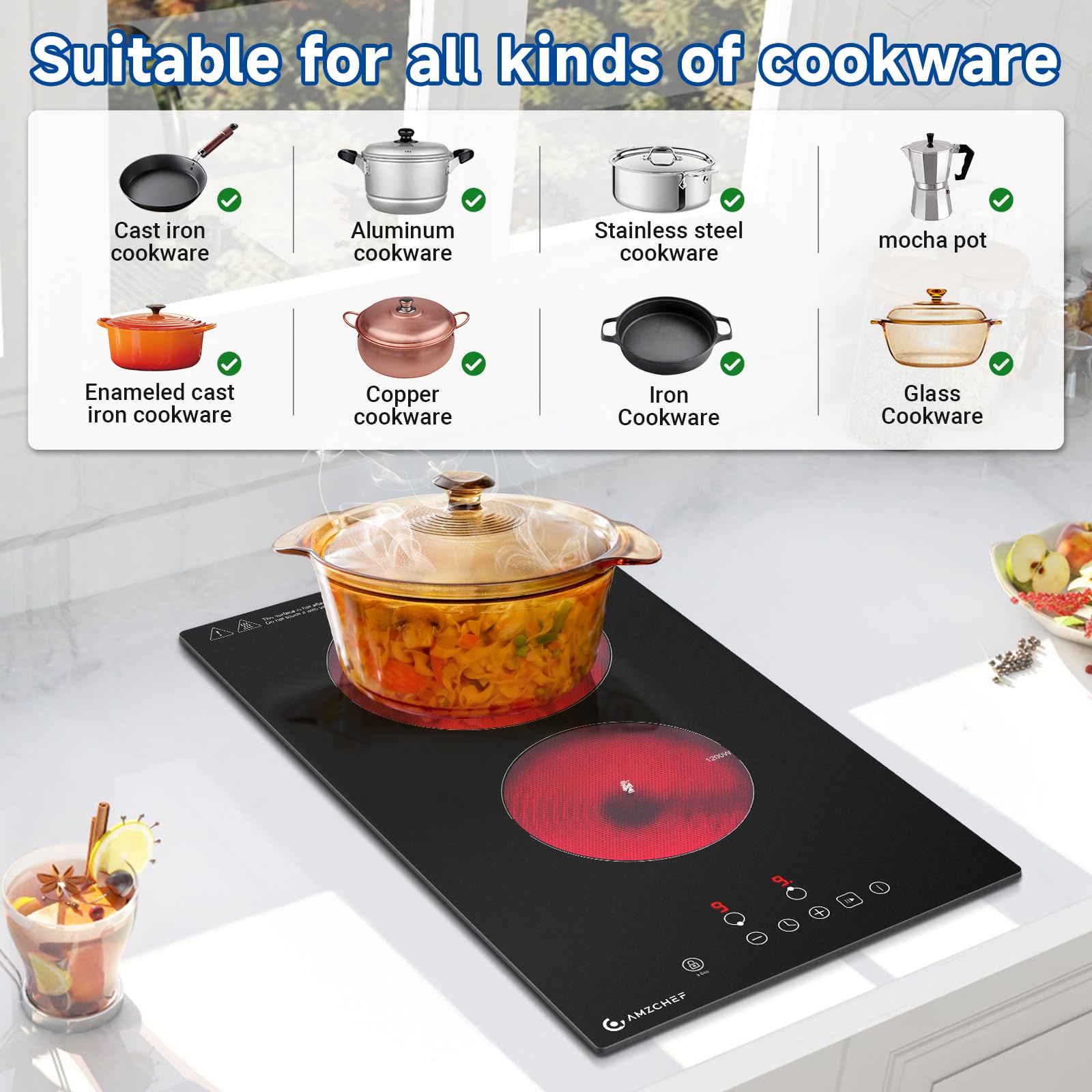 AMZCHEF Ceramic Hob 2 Zones, 3000W Electric Hob 2 Ring, Table Top & Built-in Dual installation, Plug and Play, 9 Power Levels, Timer & Pause Function, Child Lock, Easy Clean Frosted Glass Panel — view 7