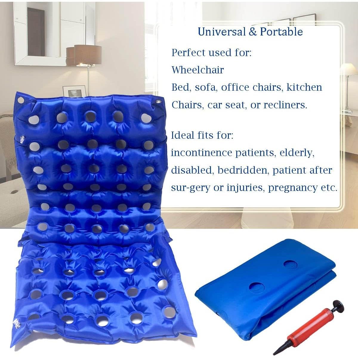 COYEUX Cuscino Anti-decubito, Cuscino Gonfiabile con 55 Fori, Materasso Gonfiabile reclinabile, Portata 75 kg, con Pompa ad Aria, per Sedia a rotelle, Sollievo dal Dolore al coccige, Ufficio, Auto