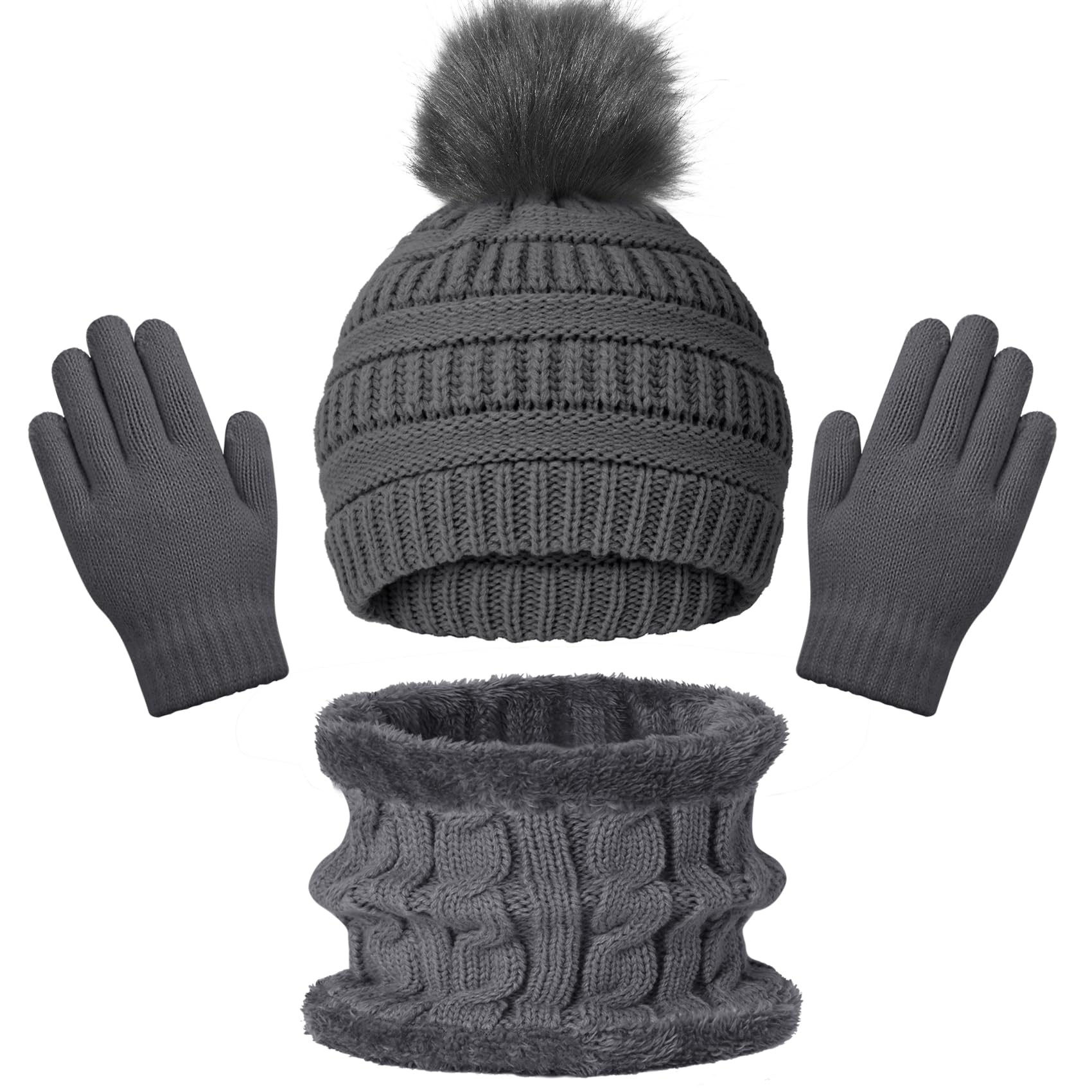 Kids Winter Beanie Hat Scarf Gloves Set for 3-8 Years Old Boys Girls, Thick Warm Knitted Hat Gloves Fleece Lined Scarf Set