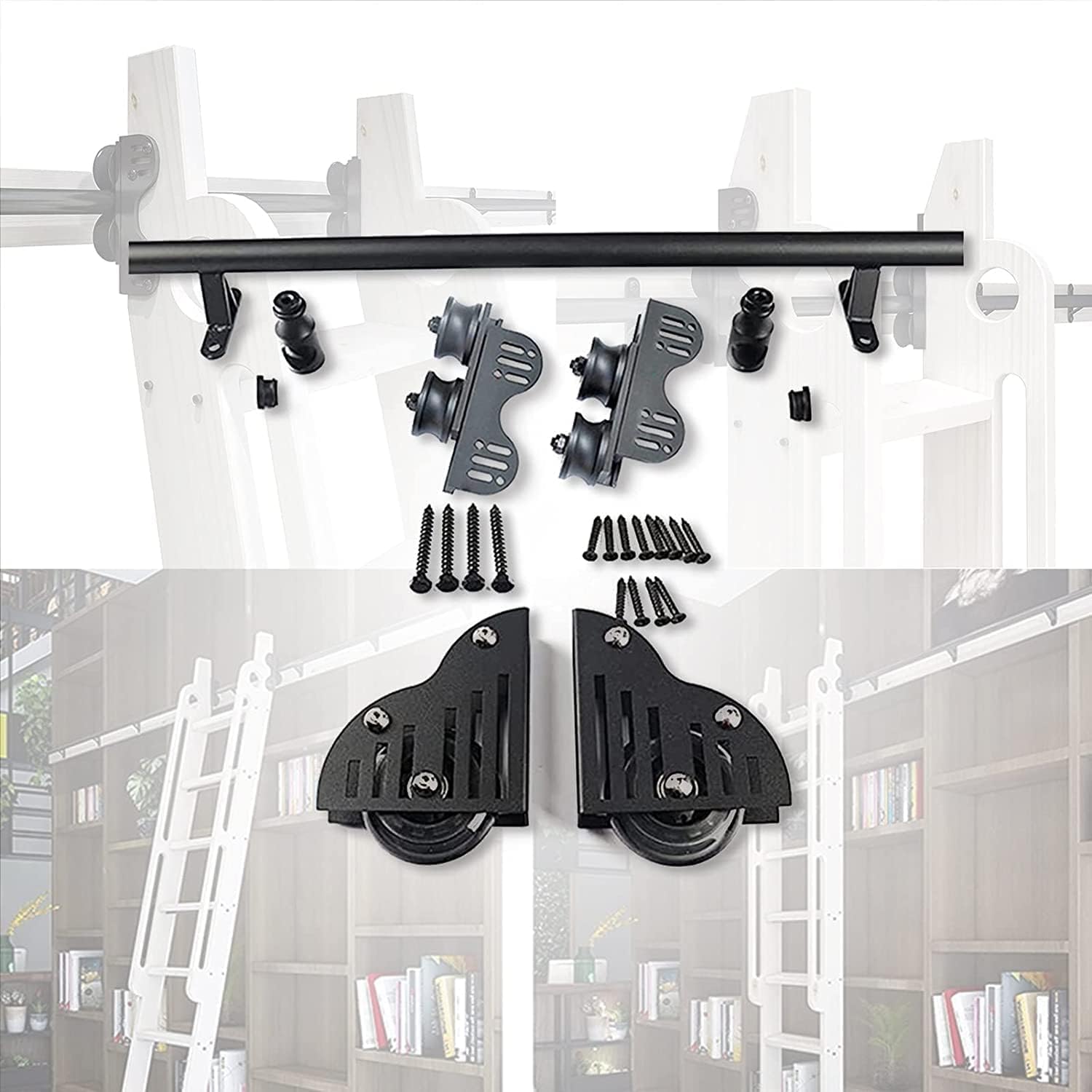 Kit quincaillerie échelle mobile 600cm avec rails coulissants et roulettes de sol pour bibliothèque