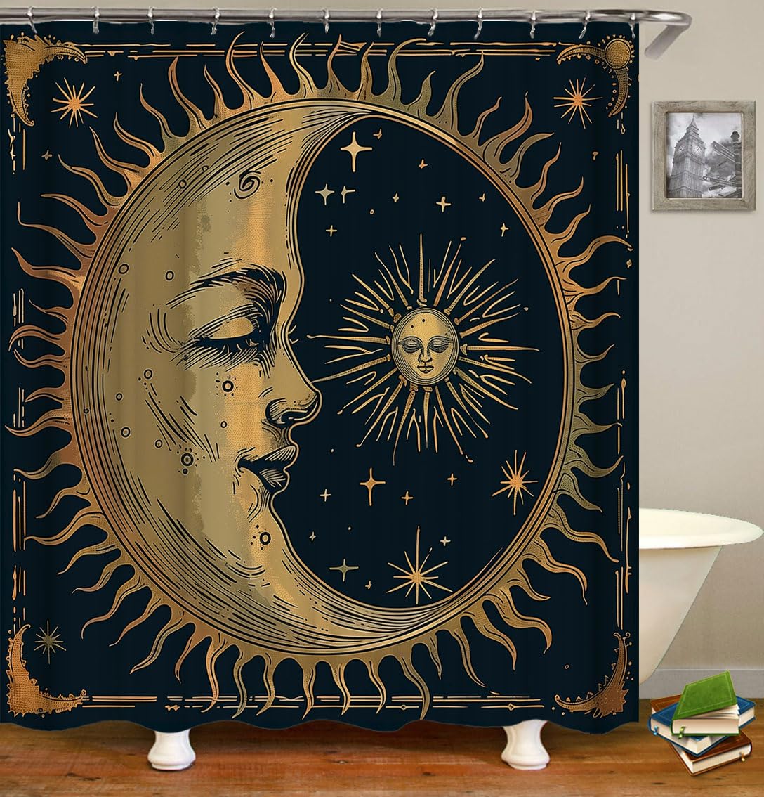 Sun Moon Shower Curtain Set，Chic Art Golden Stars for Bathroom Curtain