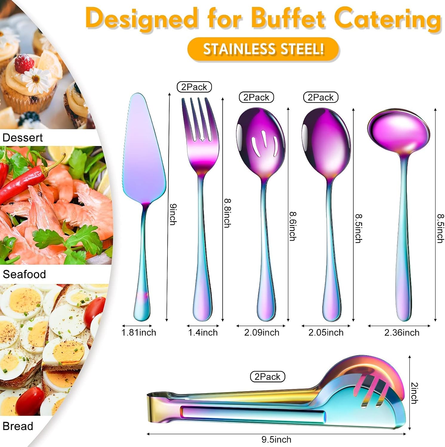 Serving Utensils Include Large Serving Spoons Slotted Serving Spoons Serving Forks Serving Tongs Soup Ladle and Pie Server Buffet Catering Serving Utensils for Dishwasher Safe (Rainbow,10 Pieces)