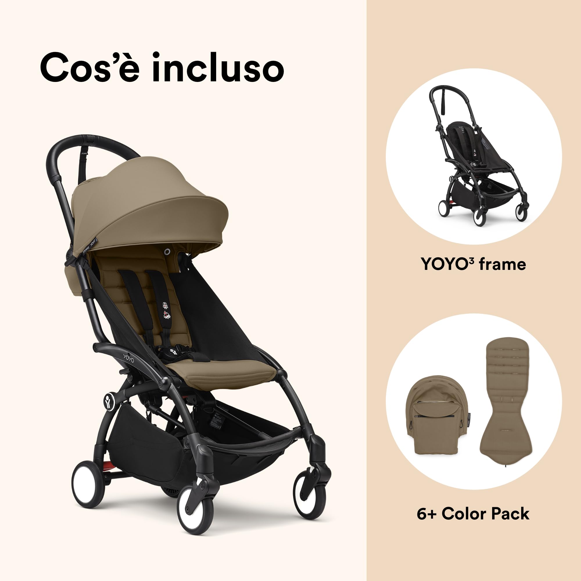 Passeggino Stokke YOYO3 da 6 mesi - Include telaio nero/cuscino seduta Toffee + Capottina - Si ripiega e si apre in un lampo - Leggero e compatto - Compatibile con il bagaglio a mano