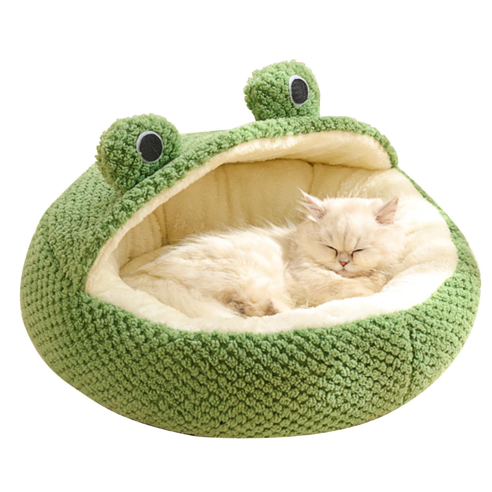 Jorzer Frog Cat Bed Long Plush Pet Bed Winter Autumn Thermal Cute Cartoon Non-slip Pet Bed Detachable Insert Soft Dampproof Cat Bed, Round with Half Roof