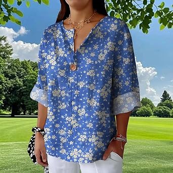 ZOCANIA 3/4 Sleeve Floral Spring Tops for Women V Neck Womens Button Down Blouse Loose Fit Summer Shirts Graphic Clothes