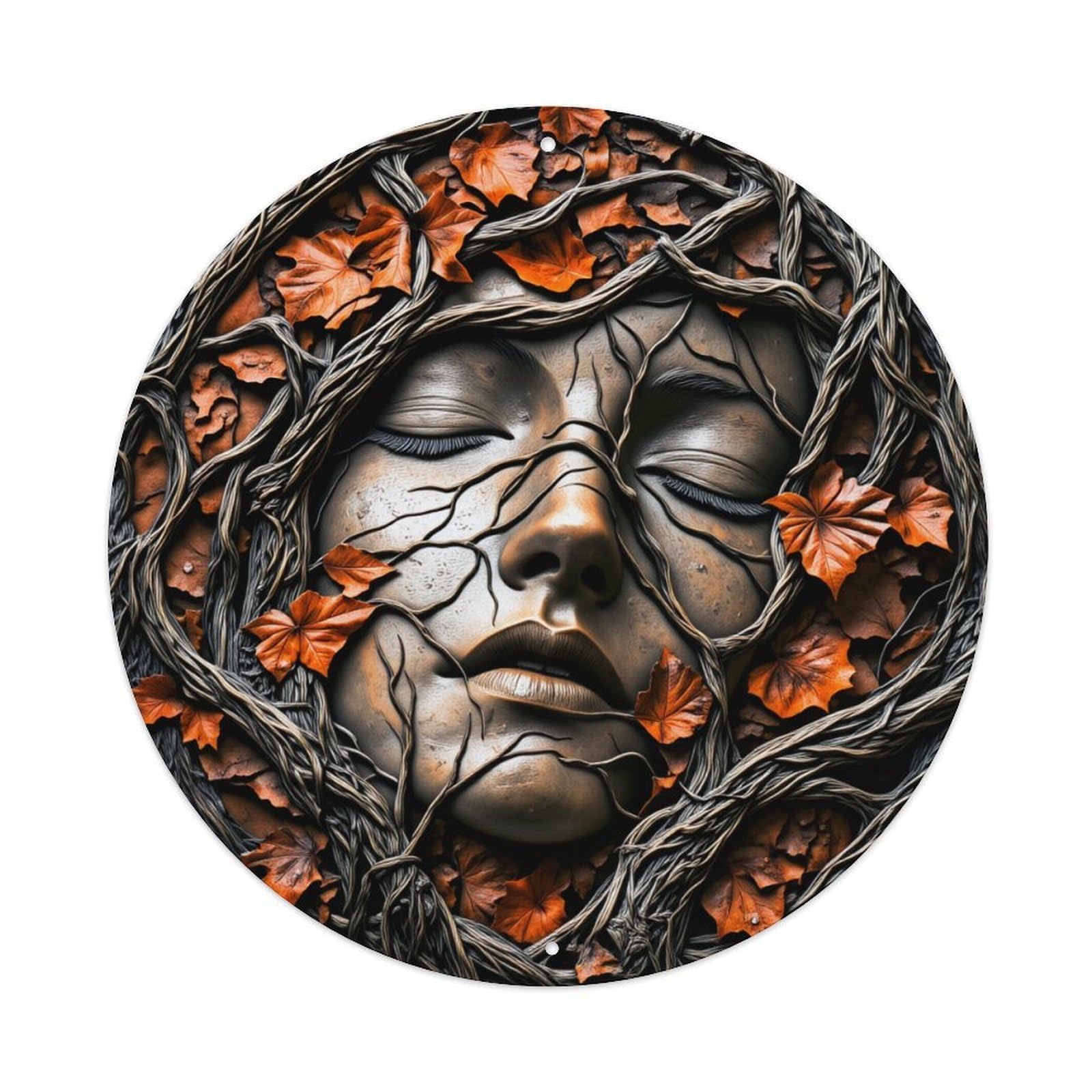 Nature Face Autumn Leaves Vines Round Tin Sign Vintage Metal Poster, Home Bar Garage Man Cave Cafe Indoor & Outdoor Wall Decoration 8x8Inches