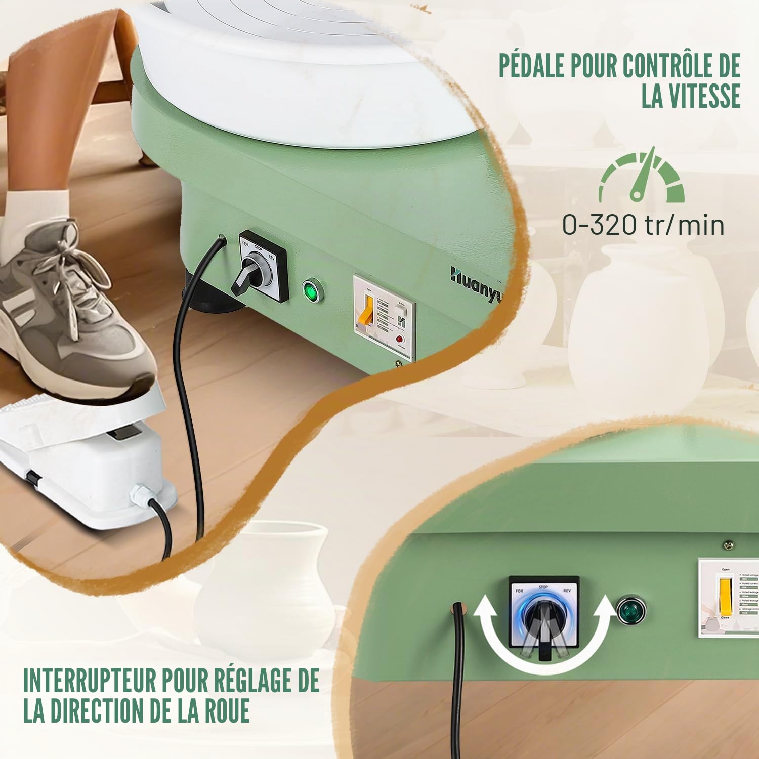 Huanyu Roue de poterie de 30 cm avec système de battes Roue de poterie électrique de 350 W pour adultes et débutants Roue de potier professionnel avec kit d'outils de poterie (Vert)