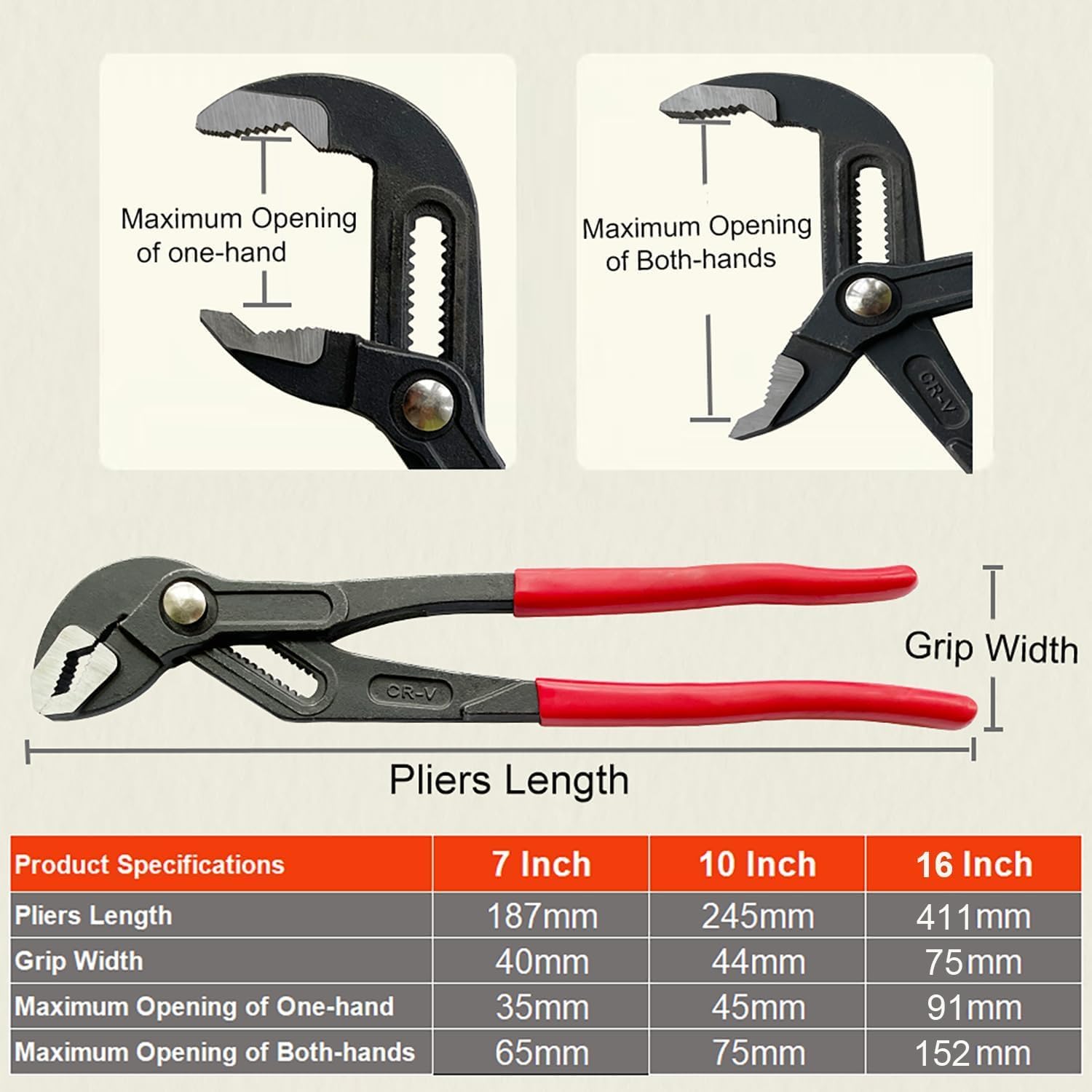 3-Pieces Water Pump Pliers Set, 7-Inch, 10-Inch and 16-Inch Curved Jaw Quick Adjustment Pliers Set, Tongue and Groove Joint Pliers Set, Auto-Adjusting Quick-Action Water Pump Pliers