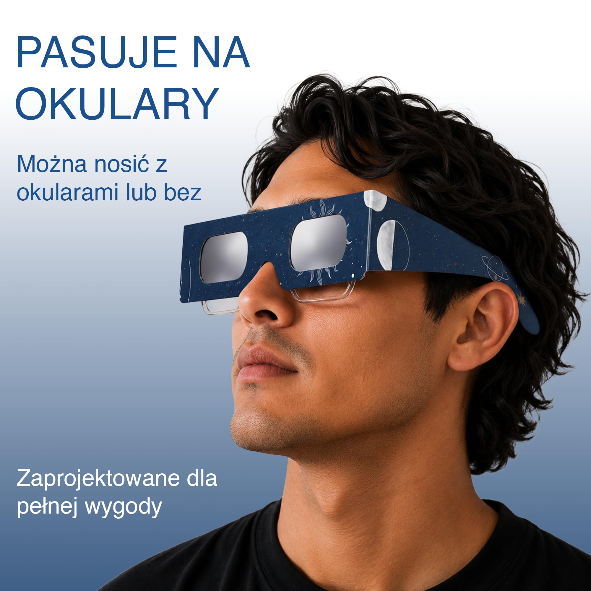 Zestaw 2/6/12/50 szt., Okulary do obserwacji zaćmienia Słońca, Oprawka 45 mm, Pasują na okulary korekcyjne, Test EN ISO 12312-2:2015, Oznaczenie CE do bezpiecznej obserwacji Słońca