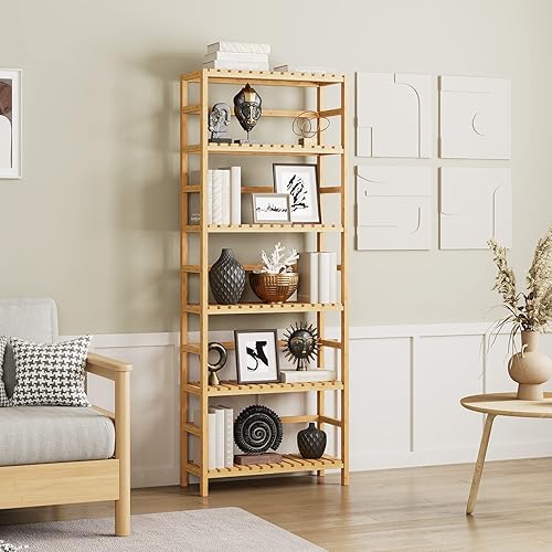 Miniatura 10 de Bamjoy Estante de bambú, estantería de 6 niveles, estantes de almacenamiento ajustables, estante alto para plantas, estante de almacenamiento para
