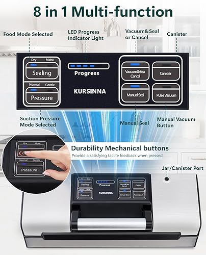 Miniatura 2 de KURSINNA Máquina automática selladora al vacío para conservación de alimentos, modos secos y húmedos multifunción 8 en 1, potente sellador de