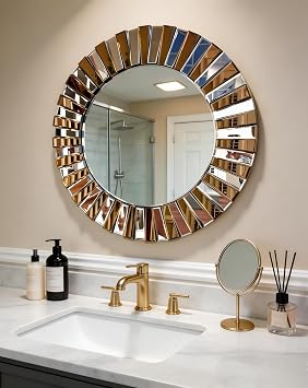 Round Wall Mirror Decorative Sunburst Silver-Brown Crystal Edge 24 inch