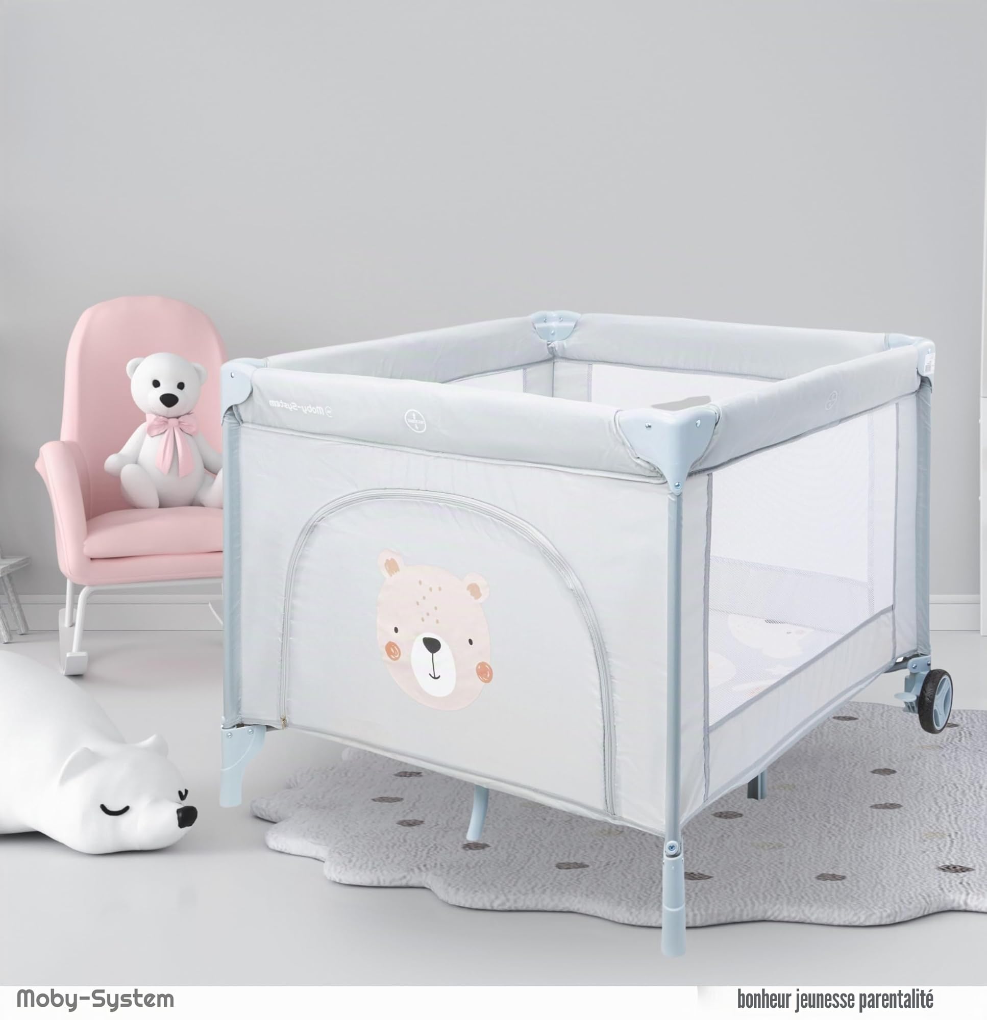 Moby-System Parc Bébé avec Matelas et Sac de Transport - Lit Parapluie Pliable, Roues Verrouillables, Cadre Stable - Motif Ours en Peluche - 97 x 100 x 77 cm (3 Articles)