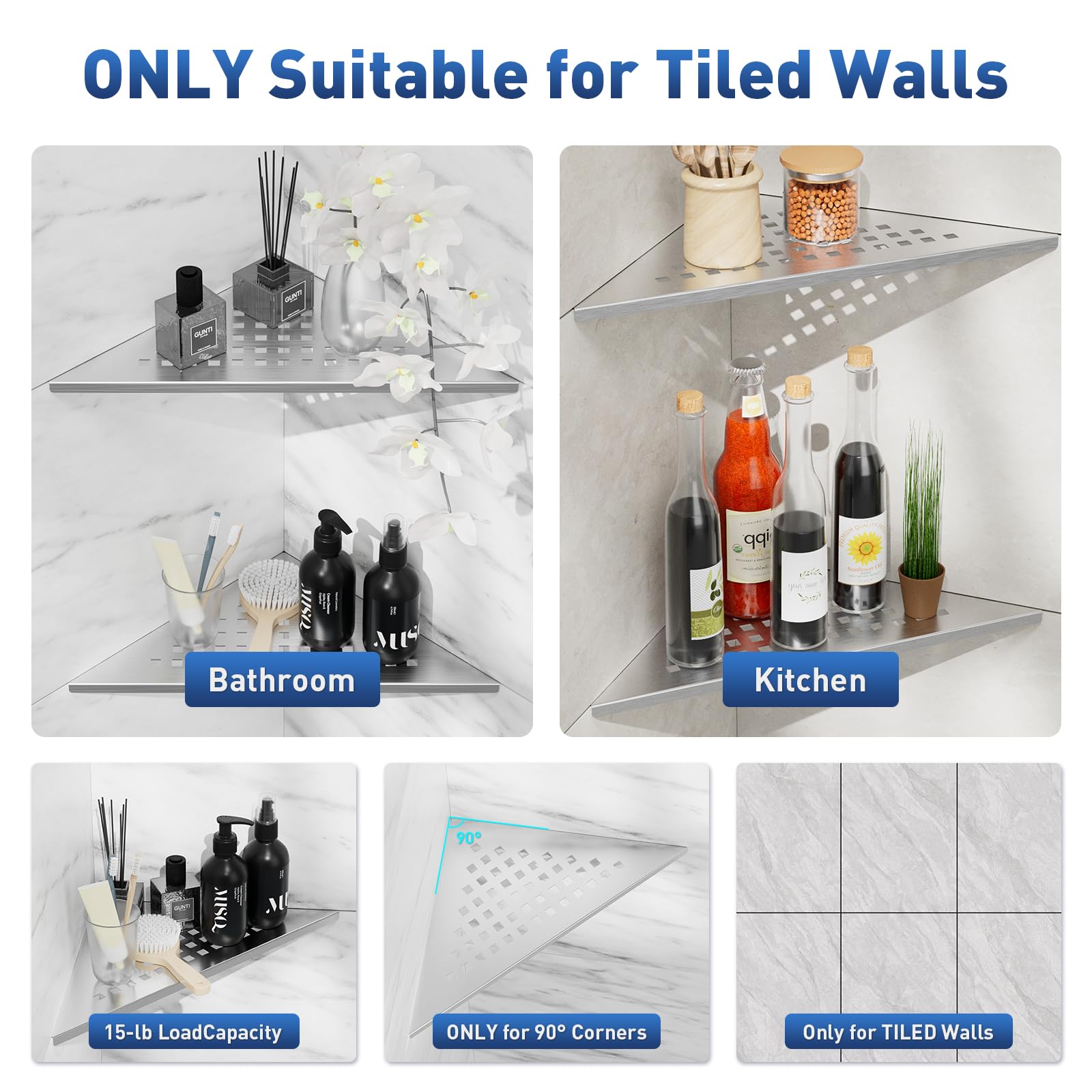 Eck-Duschregal, 25,4 cm, Schlitz-Design, Badezimmer-Regale für geflieste Wand, 304 Edelstahl, versenkte Organizer, Eckregale für Innendusche, 2 Stück, Silber (quadratisch)