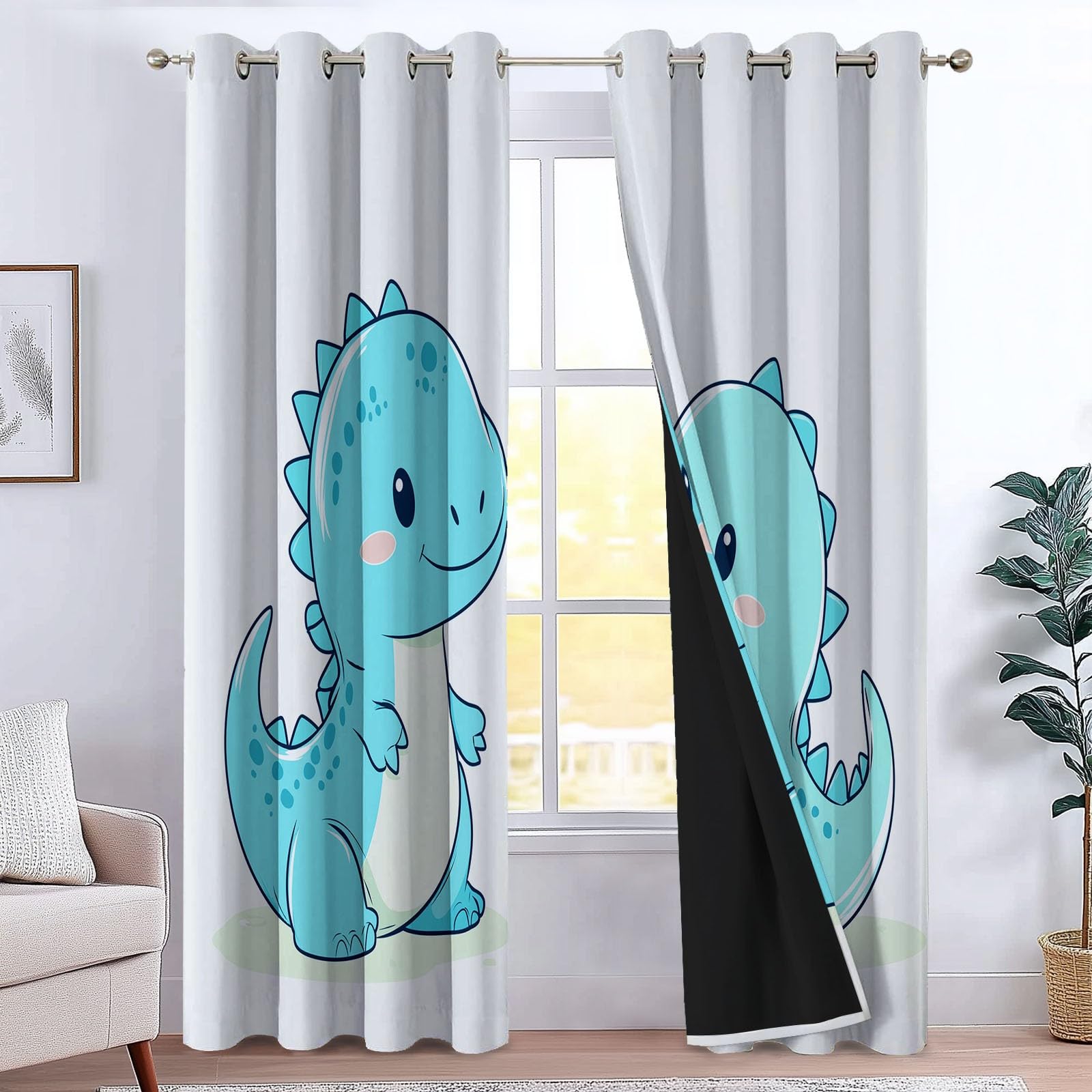 Générique Rideaux Occultants Animaux Dinosaures, Rideaux Imprimé Isolant Thermique Anti Froid - Draperies Polyester Oeillet Style Dessin Animé pour Chambre Salon Décoration Lot de 2 110L x 215H cm