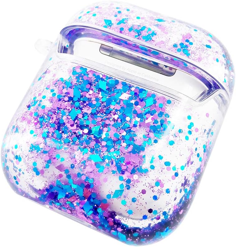 uCOLOR Case for AirPods Full Protective Purple Blue Glitter Sparkle Quicksand Waterfall Clear Fashion Women Protective Case Portable Cover Skin with Key Chain for Earphone AirPods 2/1 Charging Case