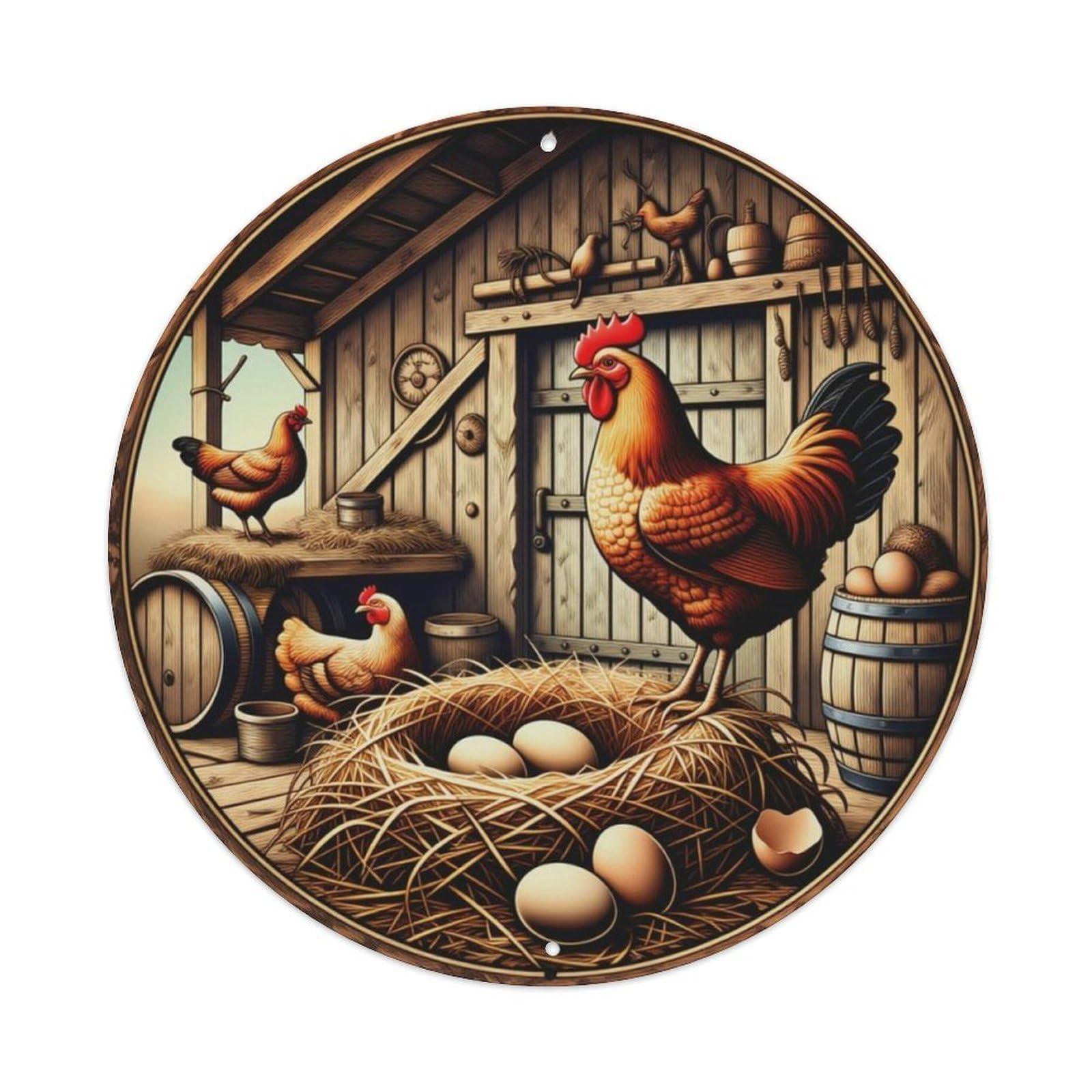 Vintage Barn Rooster Hen Farm Round Sign Vintage Aluminium Metal Sign, Retro Wall Decor for Home, Bar, Garage & Farmhouse 20x20cm