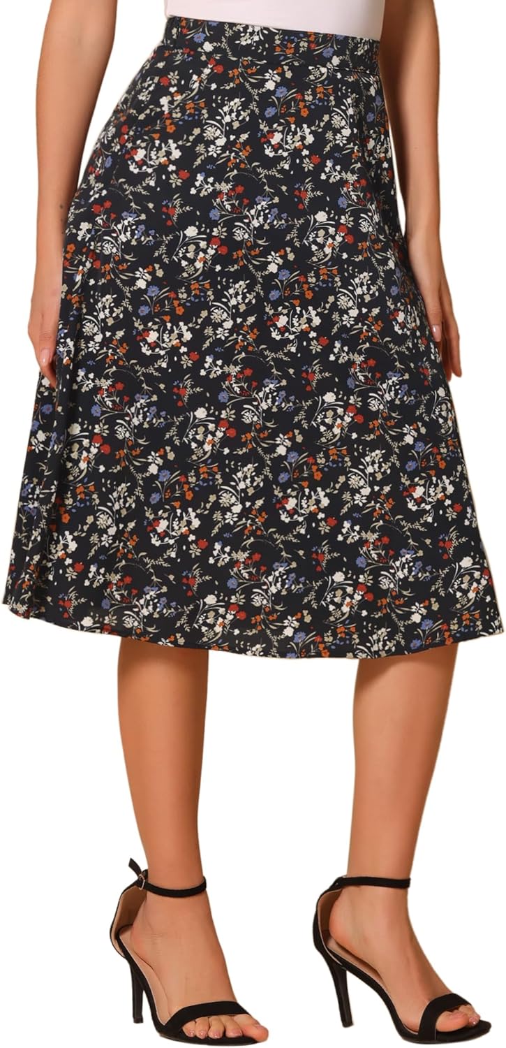 Allegra K Women's Floral Skirt A-Line Midi Skirt Chiffon Elegant 2025 Fall Skirts with Pockets