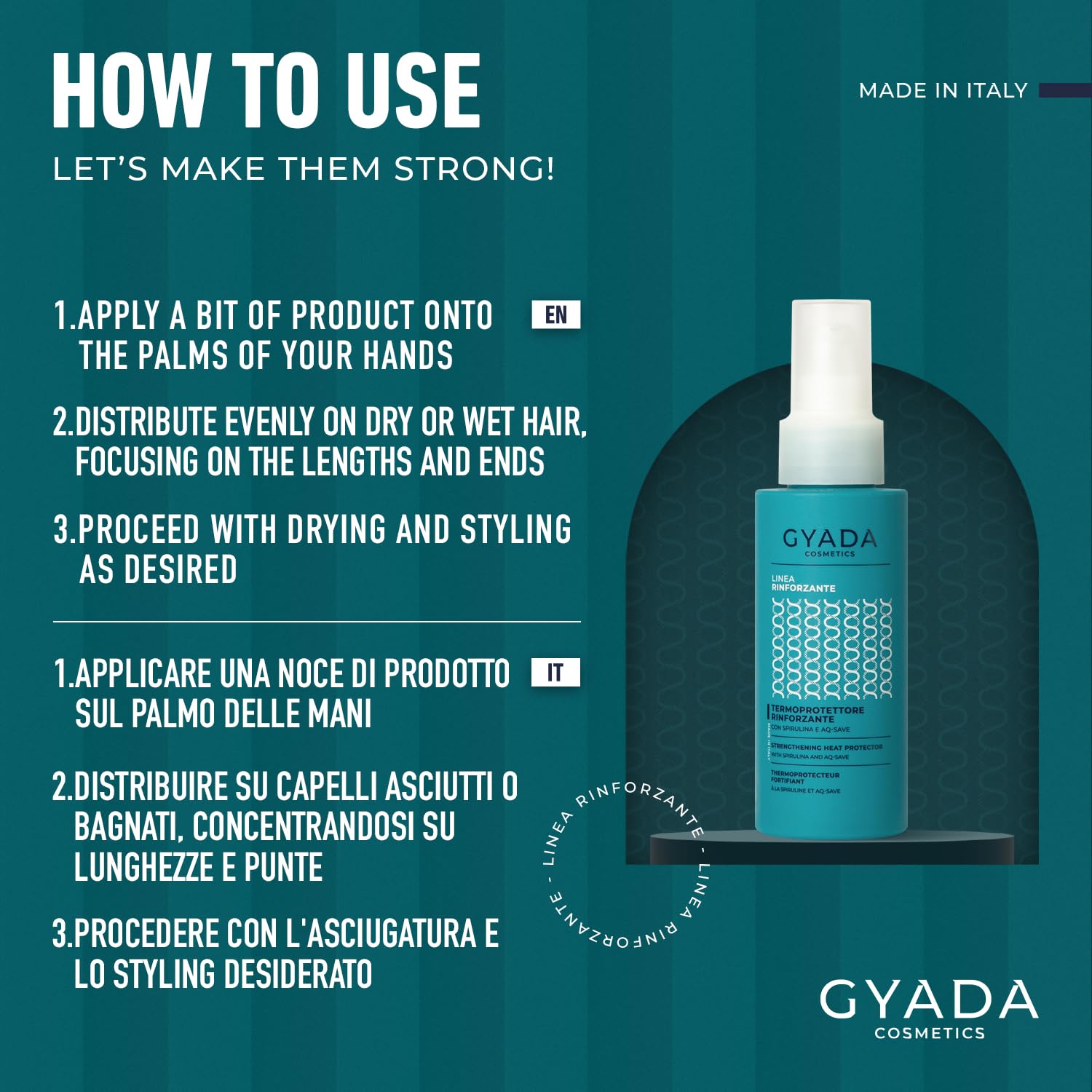 GYADA COSMETICS, Termoprotettore Rinforzante con Spirulina e AQ-SAVE, Termoprotettore Capelli ad Azione Ristrutturante, per Capelli Idratati, non Unge e non Appesantisce, 100 ml