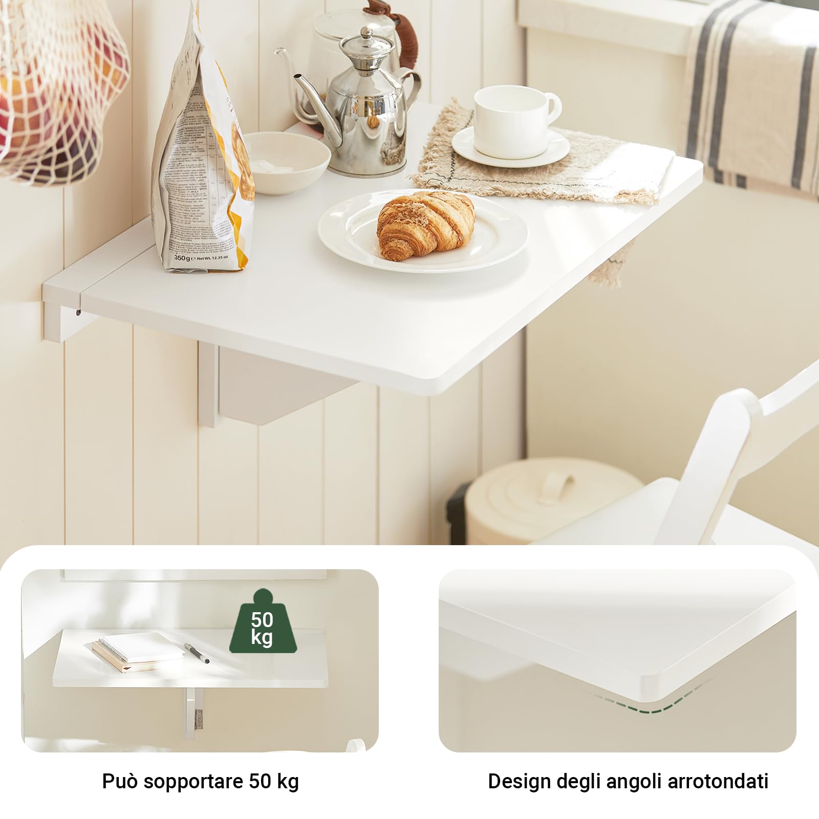SoBuy Tavolo Pieghevole a Muro, Scrivania per Computer, Tavolo da Cucina Salvaspazio in Legno, Design Compatto e Multifunzionale, Perfetto per Piccoli Spazi Bianco FWT03-W