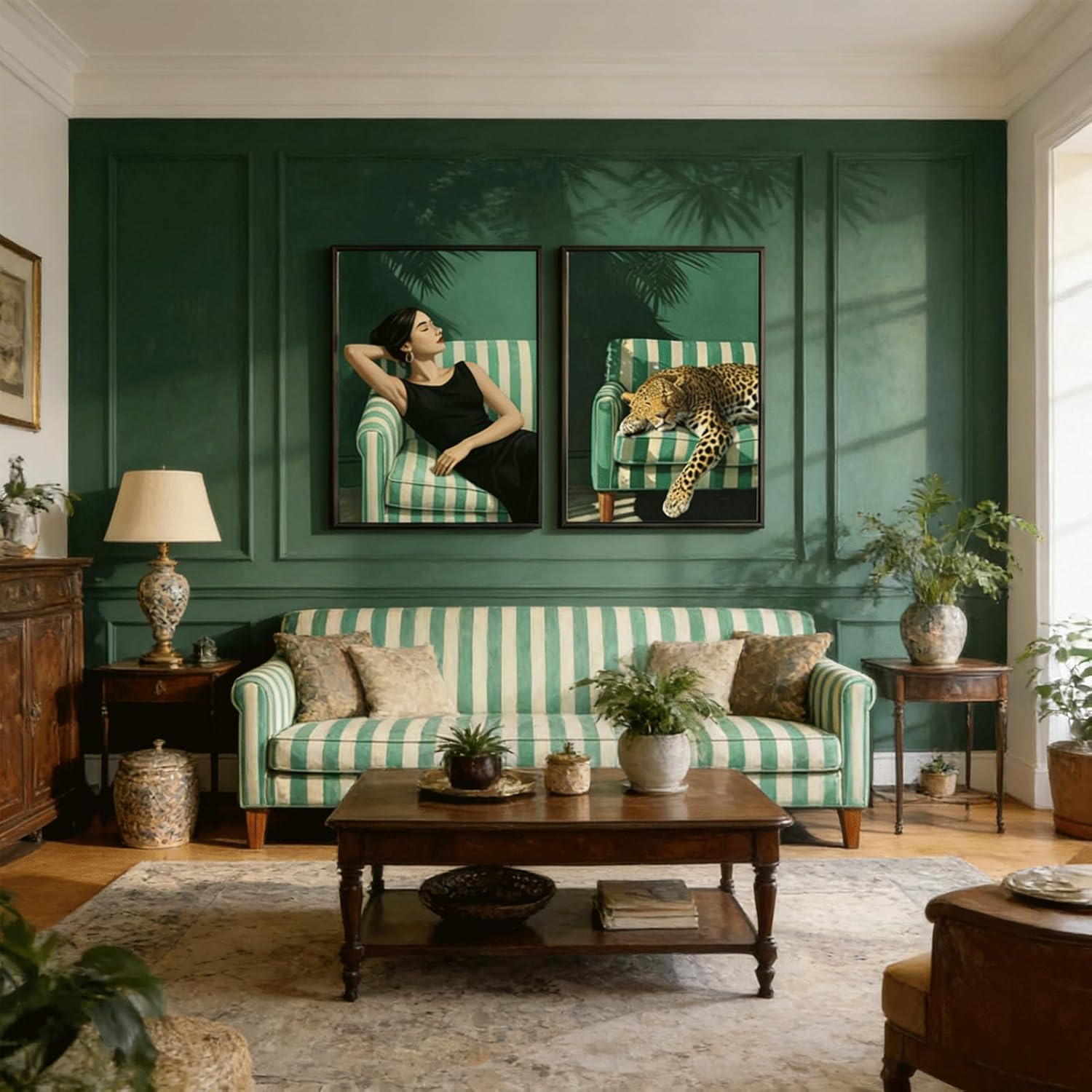 Emerald Green Cheetah Wall Art Maximalist Fashionable women Paintings Pictures Wall Decor Dopamine Animal Portrait Poster Prints Artwork for Living Room Bedroom Home Decoration 16x24in Unframed