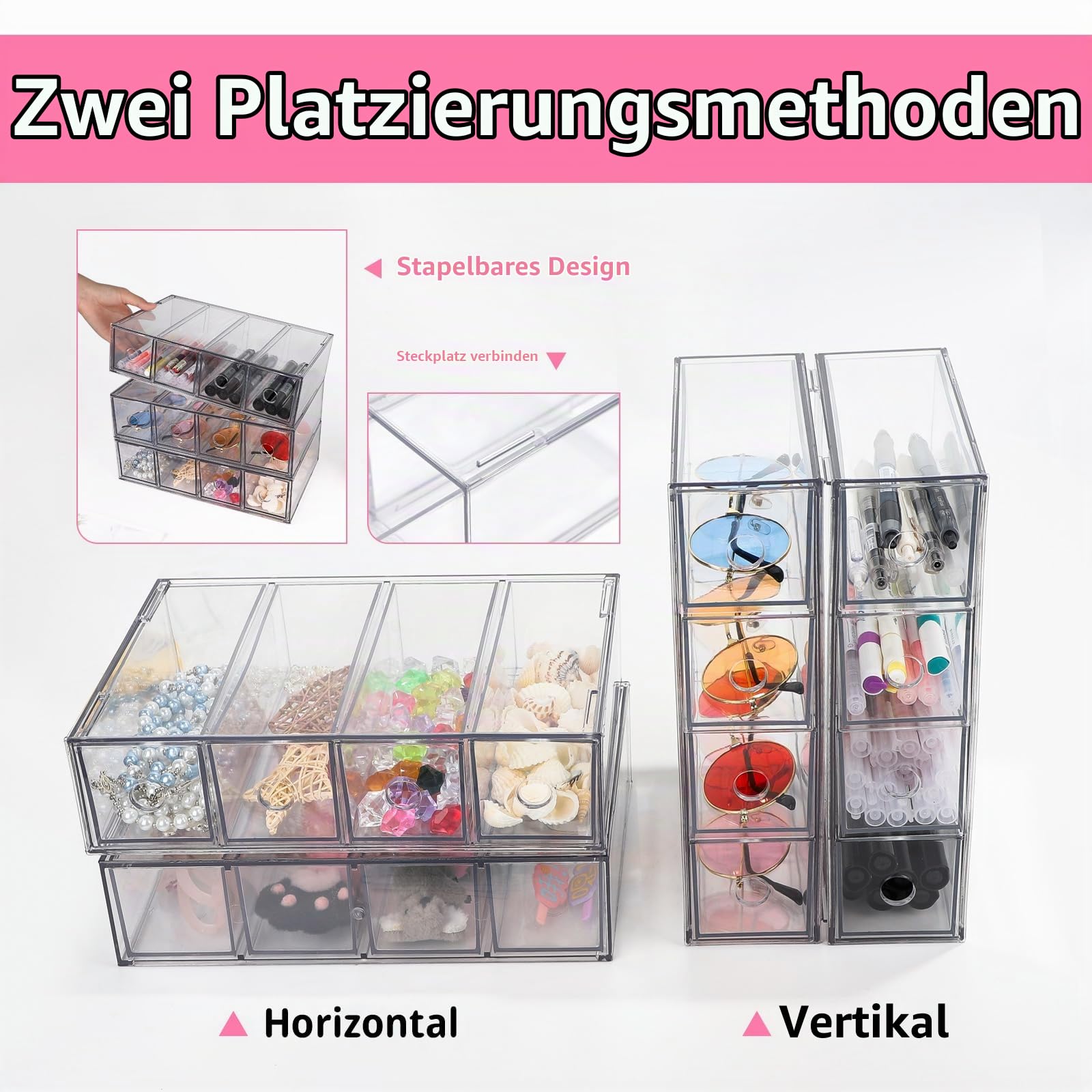 4 Stück Schubladenorganizer mit 16 Fächern Schubladenbox Stapelbar Schreibtisch-Organizer mit Herausnehmbarer Schublade Aufbewahrungsbox Multifunktion für Schreibwaren, Mark, Büro,Sonnenbrille
