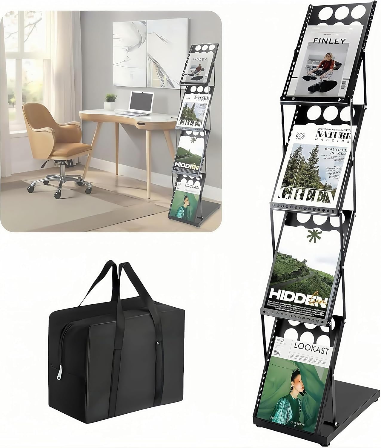 A4 Faltbarer Prospektständer, tragbarer Zeitschriftenhalter mit Tragetasche, 4 Taschen, Literaturhalter, Buchständer, Bodenständer für Büro, Messe, Ausstellungen (Schwarz)