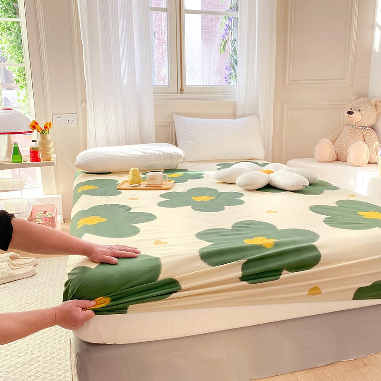 FCLDESHOP Easy Care Fitted Sheet,Children's Room Cotton Cartoon Mattress Bed Sheet Bed Stuff, Boys Girls Bedroom Animal Print Mattress Pad Thick,Dinosaur,150cmx200cm