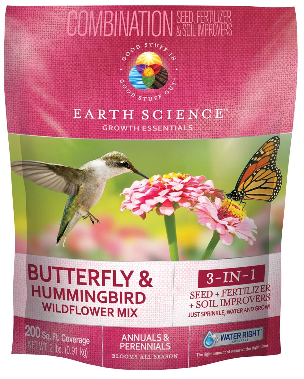 Earth Science2 lb Wildflower Butterfly & Hummingbird Mix, 3-in-1 Premium Wildflower Seed, Plant Food and Soil Conditioners, Non-GMO for Bees, Hummingbirds, Butterflies, Pollinators