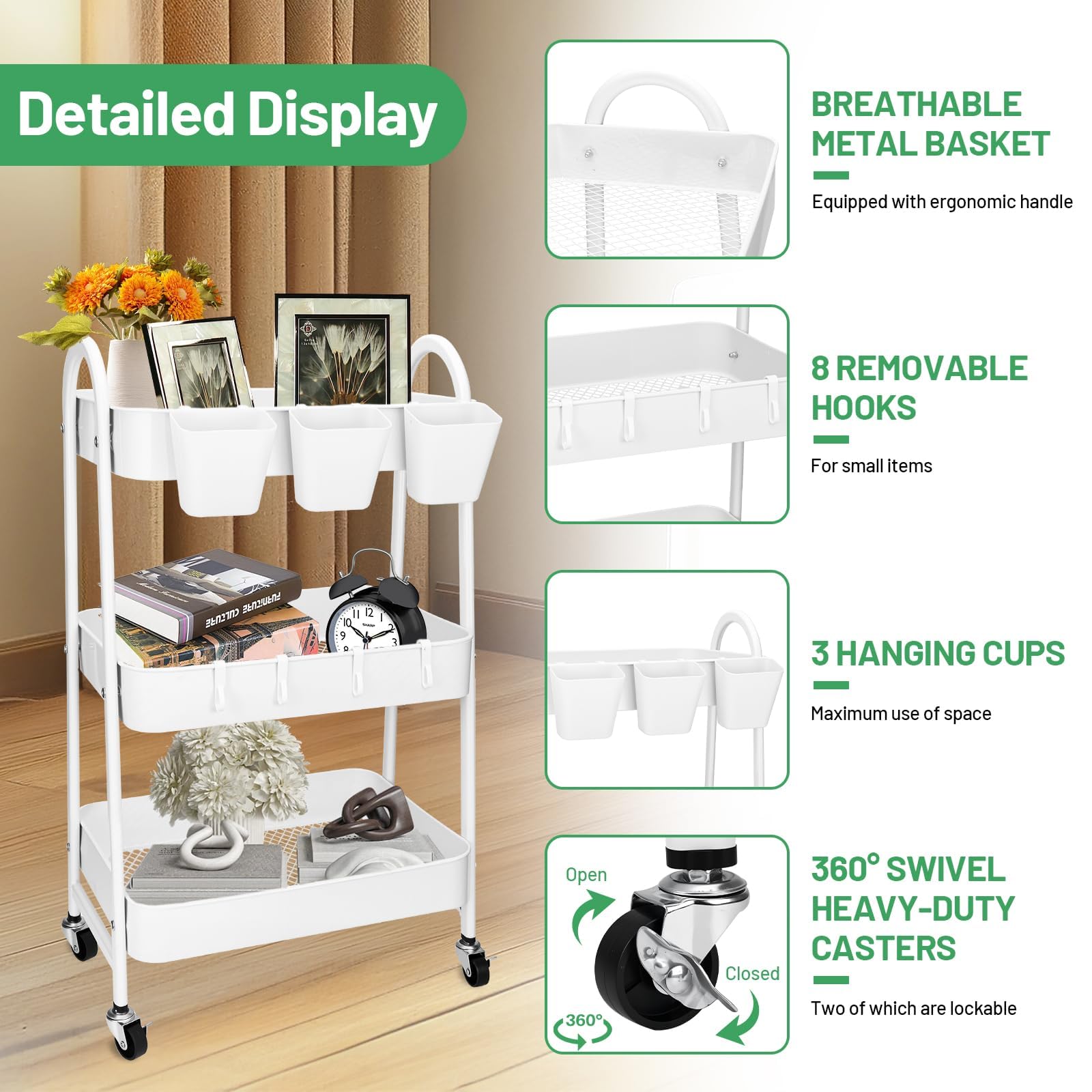 JOYBOY Carrito Auxiliar con Ruedas,Carrito de Cocina,Carro Rodante con Ruedas Bloqueables,Ganchos para Colgar Tazas,Marco de Acero,Carro Servicio 3 Niveles,con Lindas Pegatinas,Blanco — view 3