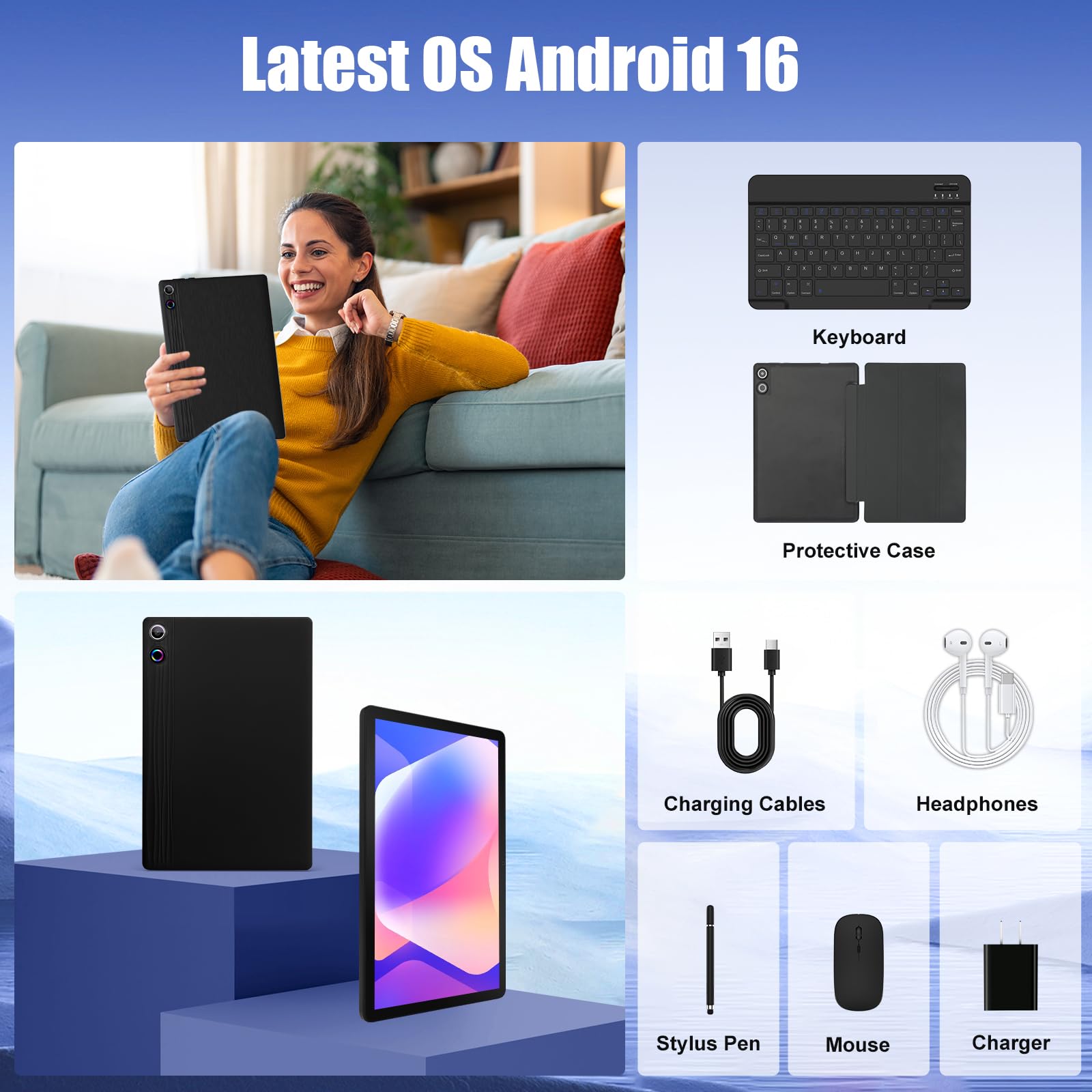 Tablet, Android Tablet 11 Zoll mit 36GB RAM + 128GB ROM (1TB TF), Octa-Core, Widevine L1, WiFi 6 & BT 5.3, 6800mAh Akku, Dual Kamera – Tablet mit Tastatur, Maus, Stift & Hülle