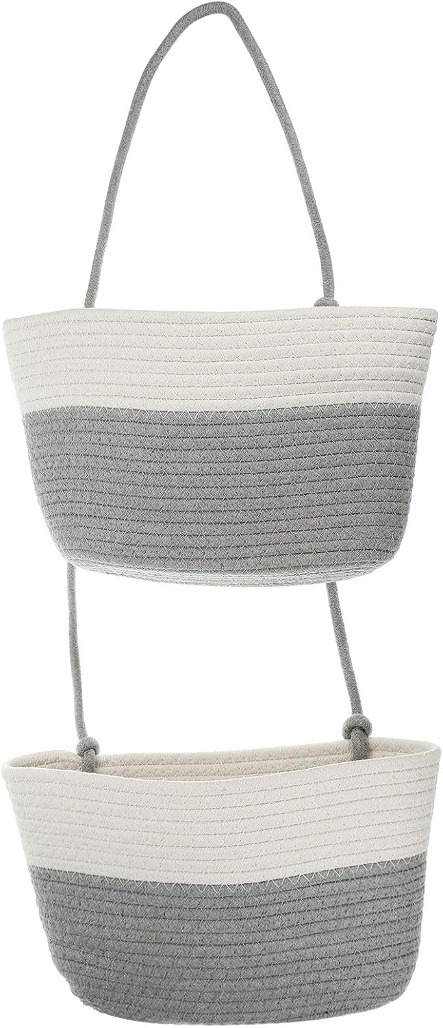 PATIKIL Hanging Basket Over The Door, 2-Tier Hanging Woven Cotton Rope Wall Mounted Storage Baskets Organizer Decorative for Books Flowers Closet Living Room Kitchen, Grey
