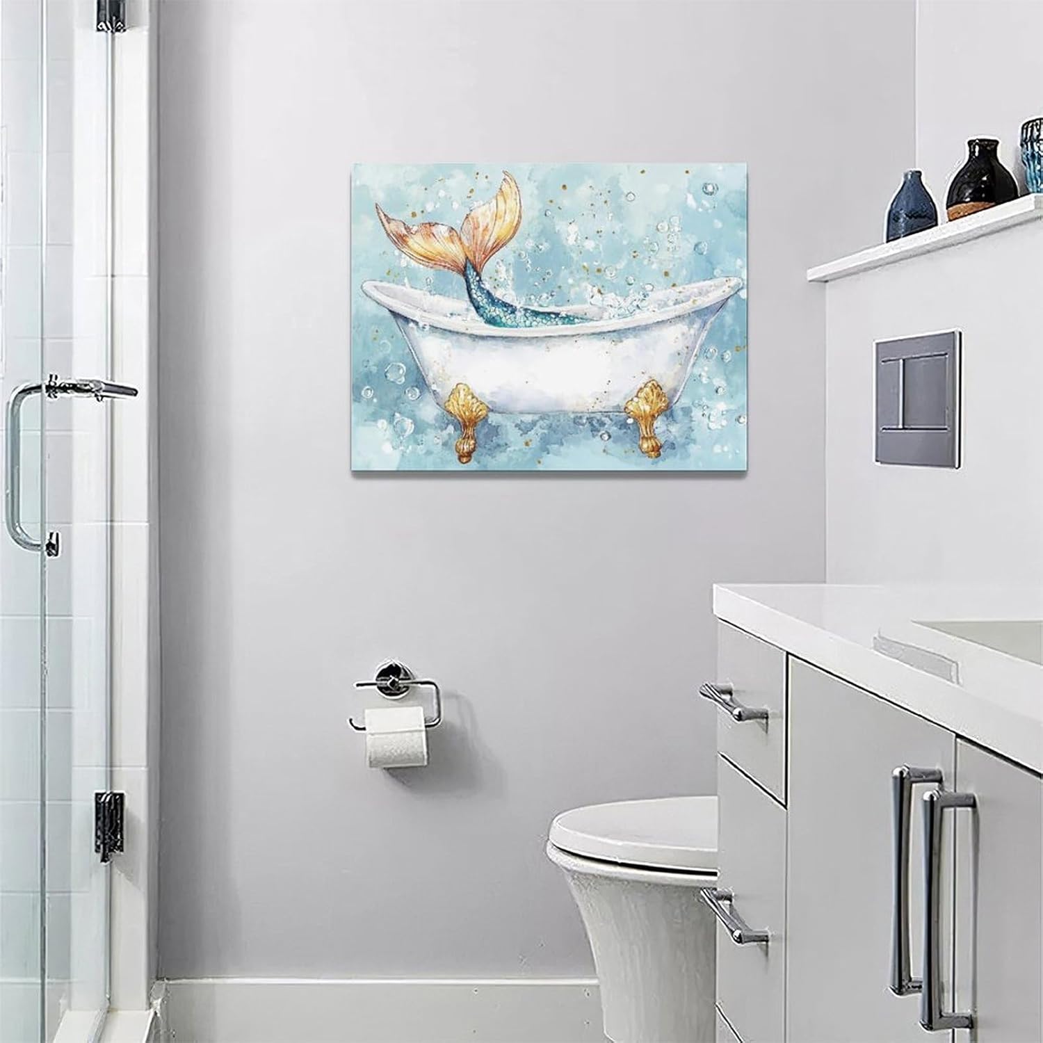 Bathroom Mermaid Wall Art Mermaid Tail Wall Decor Blue Bathtub Pictures Canvas Print Painting Framed Artwork for Bathroom Toilet Restroom Home Decoration 16"x12"