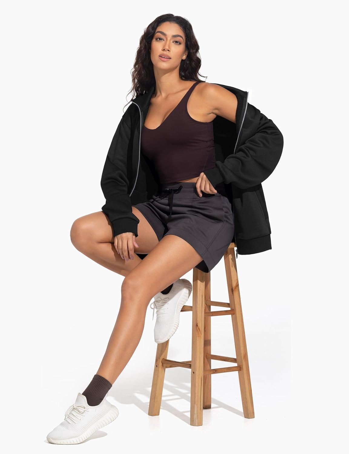 THE GYM PEOPLE Women's Oversized Full Zip Up Sweatshirts Fleece Long Sleeves Stand Collar Workout Jacket with Pockets - Image 6