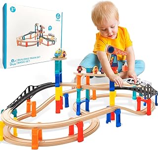 60Pcs Wooden Train Track Set, 203-inch Track Length, Train Bridge Toy Set for Toddlers, Scenario Building Blocks Toddler Toys with Airplane and Magnetic Crane, Birthday Gift Ideas for Boys and Girls