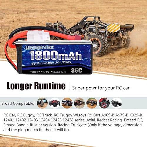 Miniatura 6 de URGENEX Batería Lipo de 7.4V 2S 35C 1800mAh recargable RC con Deans T Plug Campatibal con la mayoría de camiones RC escala 1/10, 1/16 y cargador de
