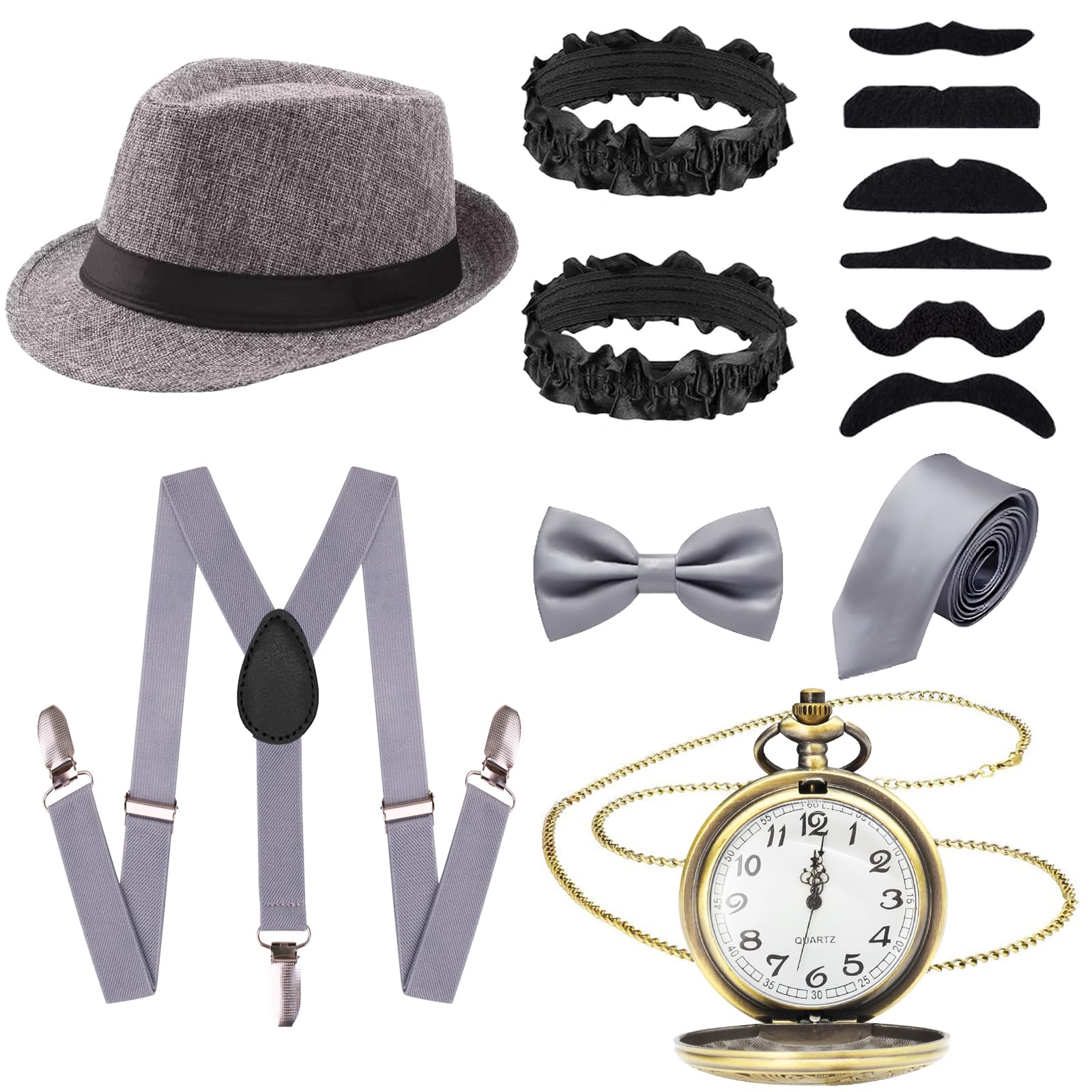13Pcs 1920s Gatsby Costume Set for Men, Gentleman Roaring 20s Accessories Kit with Hat Suspenders Pocket Watch Bow Tie Beards Cuffs Tie for Adult Halloween Theme Parties Fancy Dress (Gray)